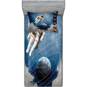 Ambesonne Fox Fitted Sheet & Pillow Sham Set, Fox in The Winter Forest Abstract Cartoon Trees and Nature Animal Pattern, Decorative Printed 2 Piece Bedding Decor Set, Twin, Pale Sage Green Orange(Grey Blue)