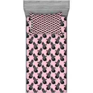Ambesonne Fox Fitted Sheet & Pillow Sham Set, Fox in The Winter Forest Abstract Cartoon Trees and Nature Animal Pattern, Decorative Printed 2 Piece Bedding Decor Set, Twin, Pale Sage Green Orange(Pale Pink Black)