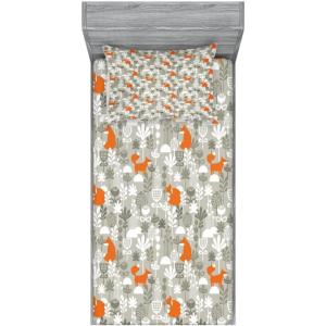 Ambesonne Fox Fitted Sheet & Pillow Sham Set, Fox in The Winter Forest Abstract Cartoon Trees and Nature Animal Pattern, Decorative Printed 2 Piece Bedding Decor Set, Twin, Pale Sage Green Orange(Pale Sage Green Orange)