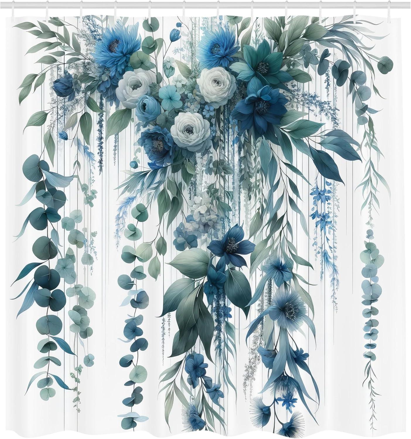 imageAmbesonne Blue Shower Curtain Floral Eucalyptus Branches Romantic Botanical Weeping Flowers in Cold Tones Cloth Fabric Bathroom Decor Set with Hooks 69 W x 75 L Laurel Green Sea BlueLaurel Green Sea Blue