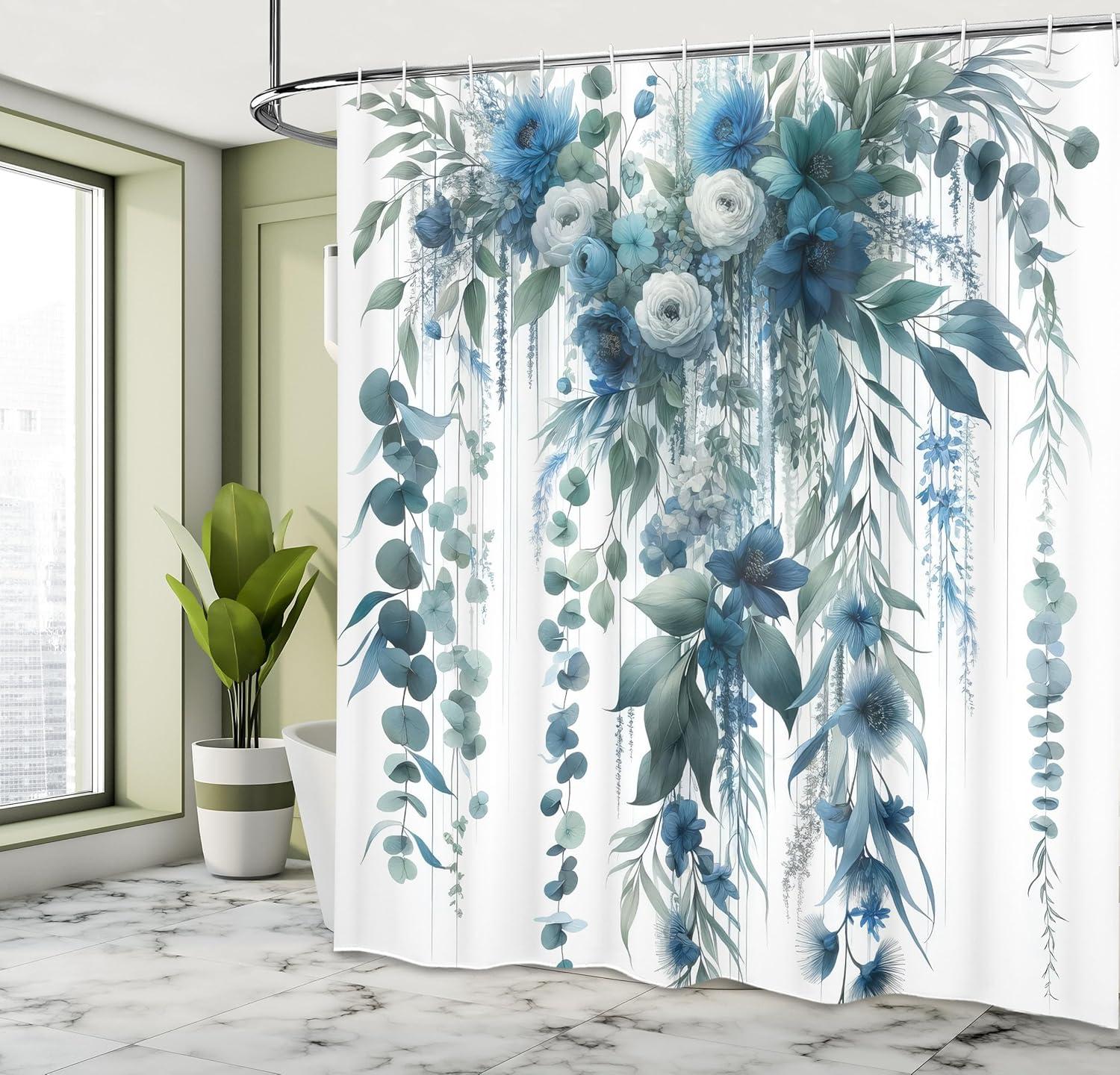 imageAmbesonne Blue Shower Curtain Floral Eucalyptus Branches Romantic Botanical Weeping Flowers in Cold Tones Cloth Fabric Bathroom Decor Set with Hooks 69 W x 75 L Laurel Green Sea BlueLaurel Green Sea Blue