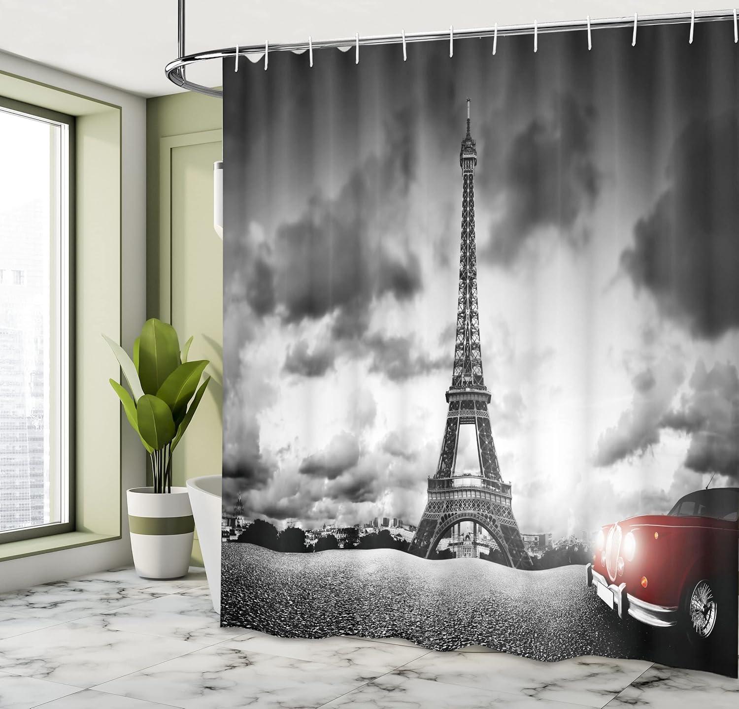 imageAmbesonne Cars Shower Curtain Romantic Landscape Famous Eiffel Tower on a Cloudy Day and Vibrant Red Vehicle Print Cloth Fabric Bathroom Decor Set with Hooks 69 W x 70 L Red Grey