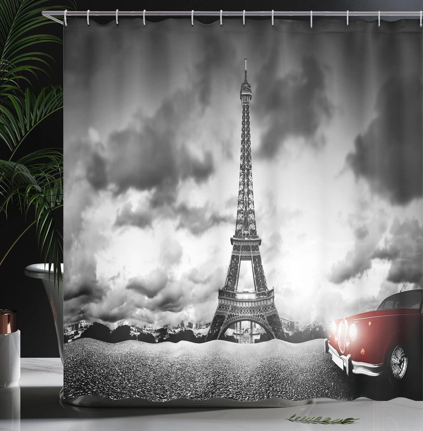 imageAmbesonne Cars Shower Curtain Romantic Landscape Famous Eiffel Tower on a Cloudy Day and Vibrant Red Vehicle Print Cloth Fabric Bathroom Decor Set with Hooks 69 W x 70 L Red Grey