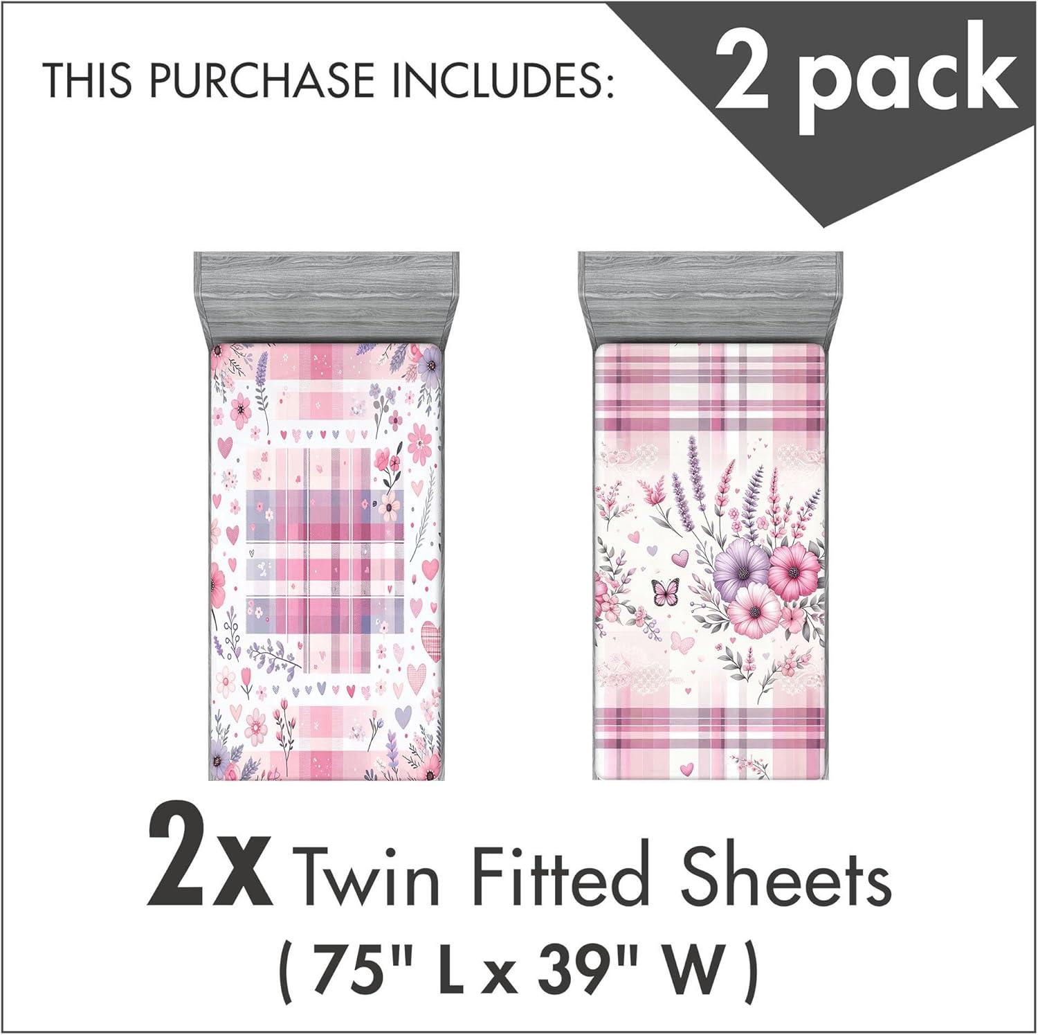 imageAmbesonne Floral Art Fitted Sheet Set Modern Scandi Flowers Leaves on Tartan Plaid Back Butterfly Valentine 2 Pack Comfortable Bedding AllRound Elastic Pocket Twin Size Blush White Grey PinkBlush White Grey Pink