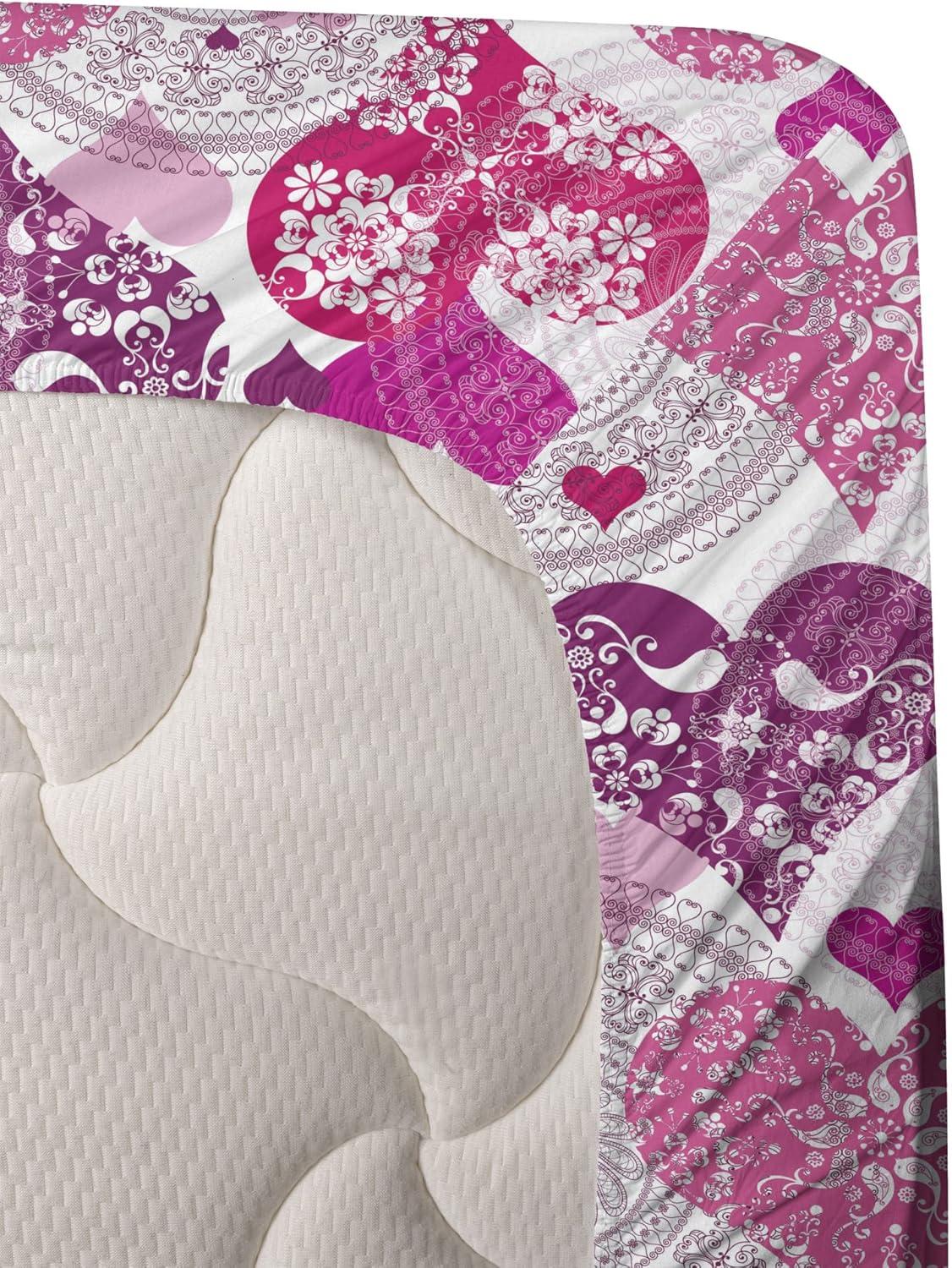imageAmbesonne Hearts Sheet Set Valentines Day Inspired Ornamental Love Pattern in Pink Tones Fitted and Flat Sheet with Pillowcase Bedding Accent 3 Piece Set Twin Hot Pink Purple Pink