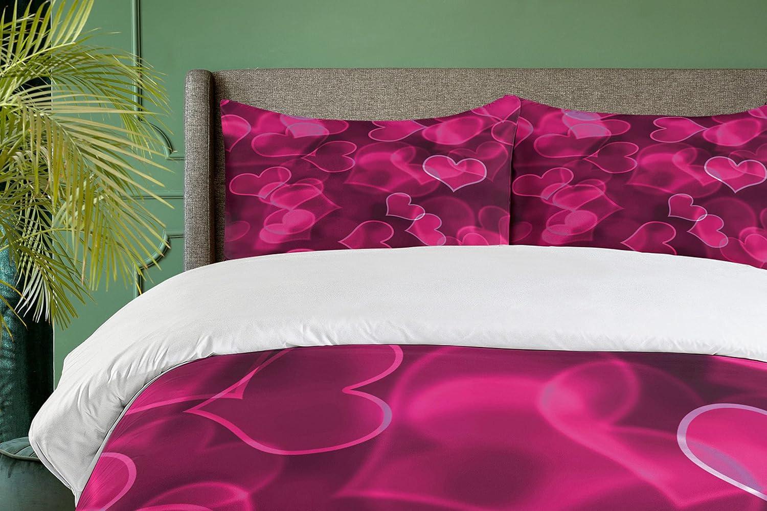 imageAmbesonne Hot Pink Duvet Cover Set Heart Shapes on Blurry Background Romantic Valentines Day Design Decorative 2 Piece Bedding Set with 1 Pillow Sham Twin Size Magenta Pink