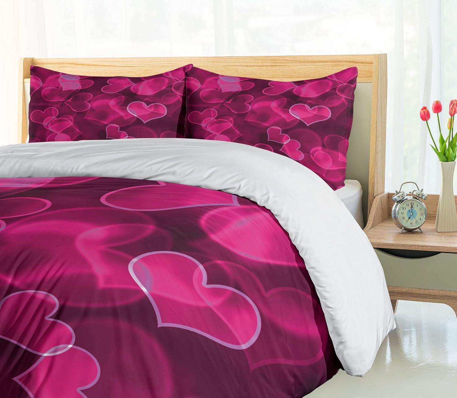 imageAmbesonne Hot Pink Duvet Cover Set Heart Shapes on Blurry Background Romantic Valentines Day Design Decorative 2 Piece Bedding Set with 1 Pillow Sham Twin Size Magenta Pink