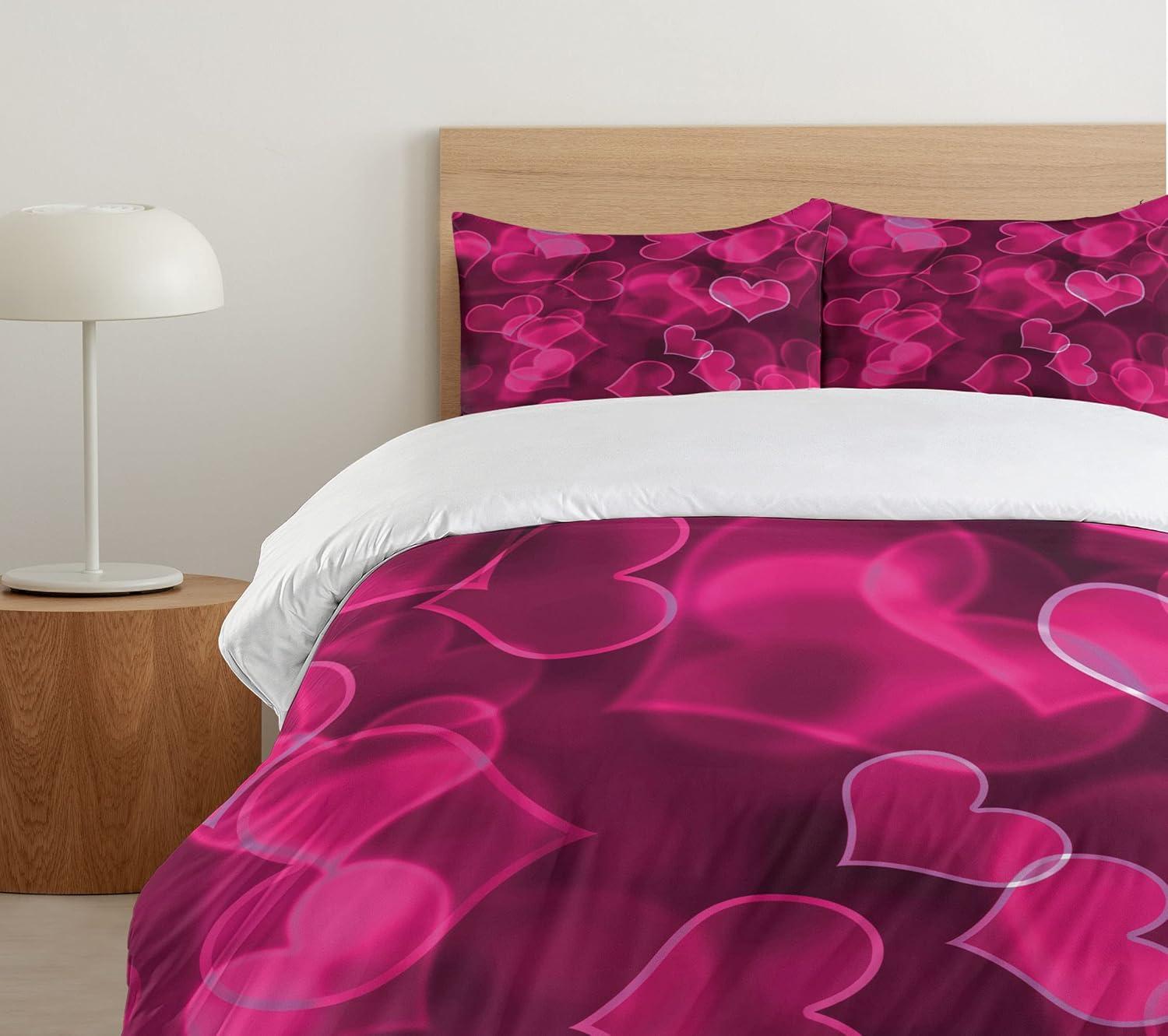 imageAmbesonne Hot Pink Duvet Cover Set Heart Shapes on Blurry Background Romantic Valentines Day Design Decorative 2 Piece Bedding Set with 1 Pillow Sham Twin Size Magenta Pink