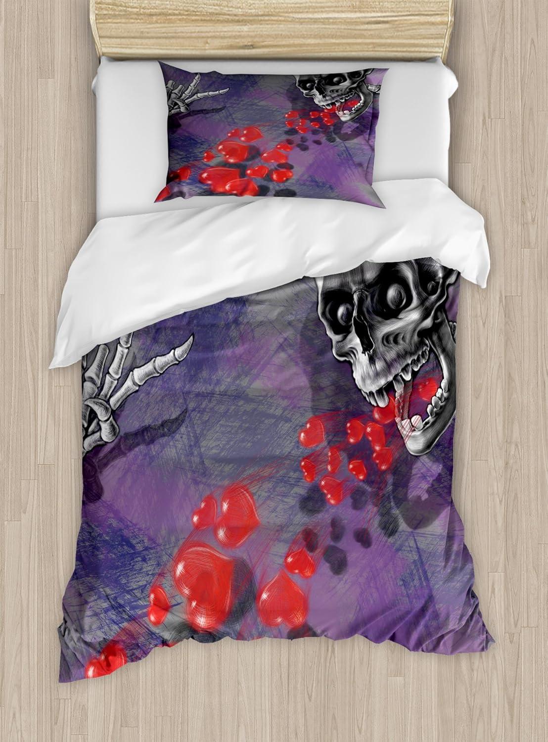 imageAmbesonne Love Duvet Cover Set Valentines Day Words with Hearts Frame on Vertical Lines Romantic Calligraphy Decorative 2 Piece Bedding Set with 1 Pillow Sham Twin Size Pink Red BlushGrey Red and Purple