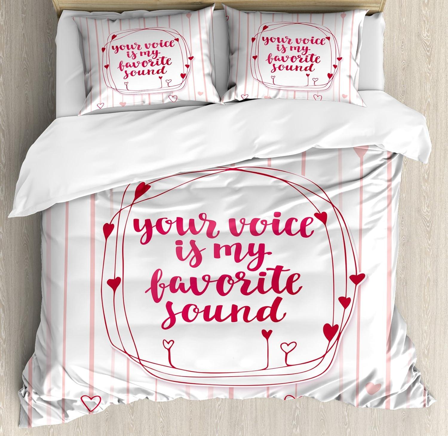 imageAmbesonne Love Duvet Cover Set Valentines Day Words with Hearts Frame on Vertical Lines Romantic Calligraphy Decorative 2 Piece Bedding Set with 1 Pillow Sham Twin Size Pink Red BlushPink Red Blush