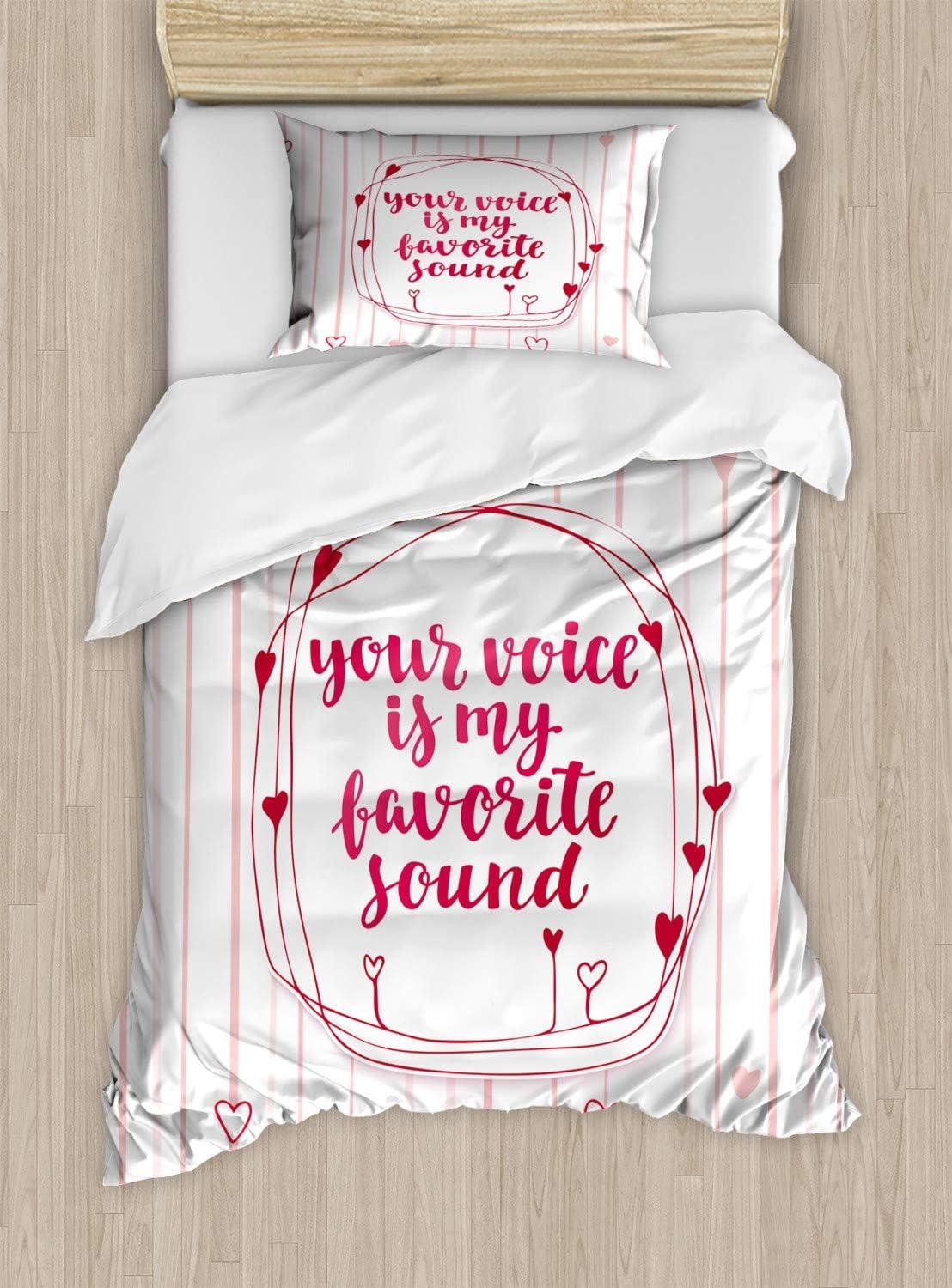 imageAmbesonne Love Duvet Cover Set Valentines Day Words with Hearts Frame on Vertical Lines Romantic Calligraphy Decorative 2 Piece Bedding Set with 1 Pillow Sham Twin Size Pink Red BlushPink Red Blush