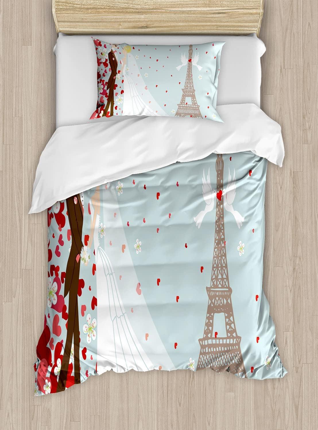 imageAmbesonne Love Duvet Cover Set Valentines Day Words with Hearts Frame on Vertical Lines Romantic Calligraphy Decorative 2 Piece Bedding Set with 1 Pillow Sham Twin Size Pink Red BlushBlue Red White