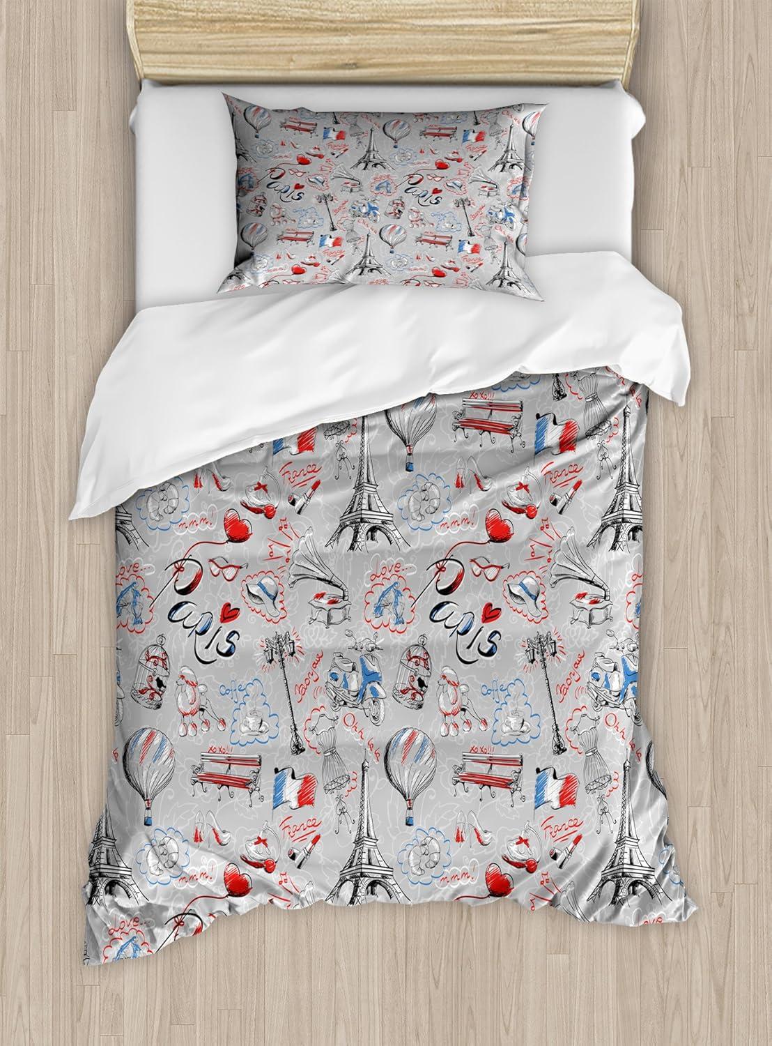 imageAmbesonne Love Duvet Cover Set Valentines Day Words with Hearts Frame on Vertical Lines Romantic Calligraphy Decorative 2 Piece Bedding Set with 1 Pillow Sham Twin Size Pink Red BlushGrey Red
