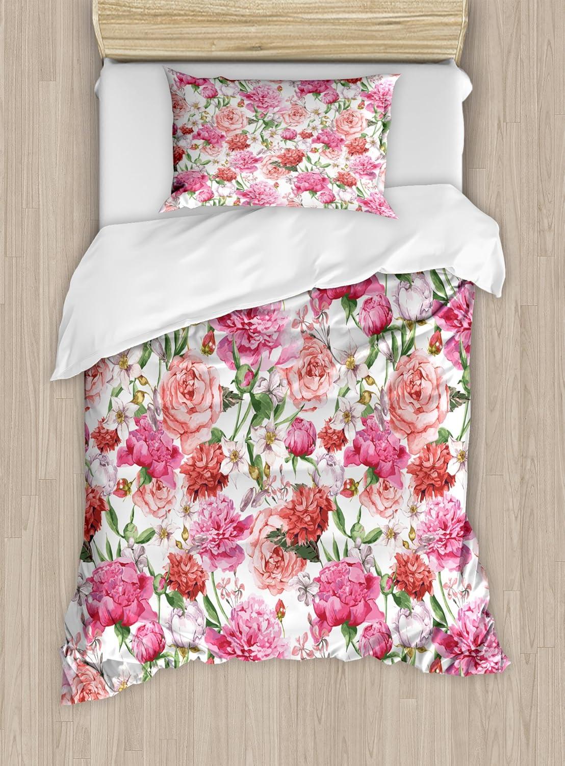 imageAmbesonne Love Duvet Cover Set Valentines Day Words with Hearts Frame on Vertical Lines Romantic Calligraphy Decorative 2 Piece Bedding Set with 1 Pillow Sham Twin Size Pink Red BlushWhite Pink Blush