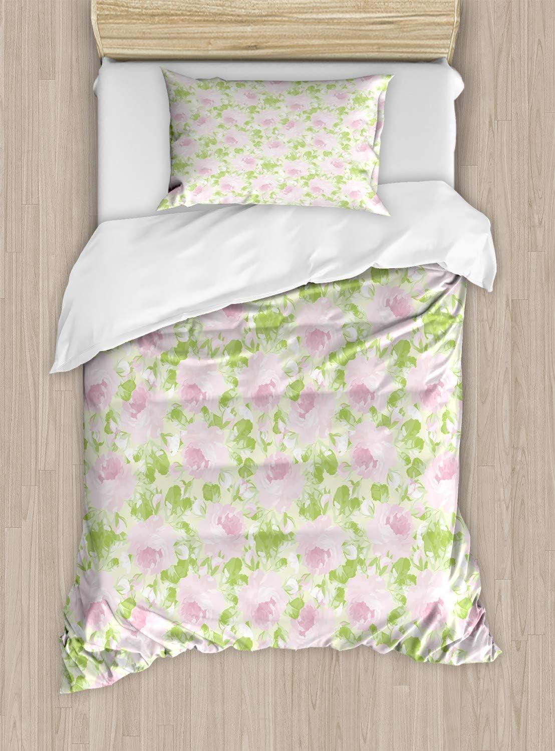 imageAmbesonne Love Duvet Cover Set Valentines Day Words with Hearts Frame on Vertical Lines Romantic Calligraphy Decorative 2 Piece Bedding Set with 1 Pillow Sham Twin Size Pink Red BlushPink Green