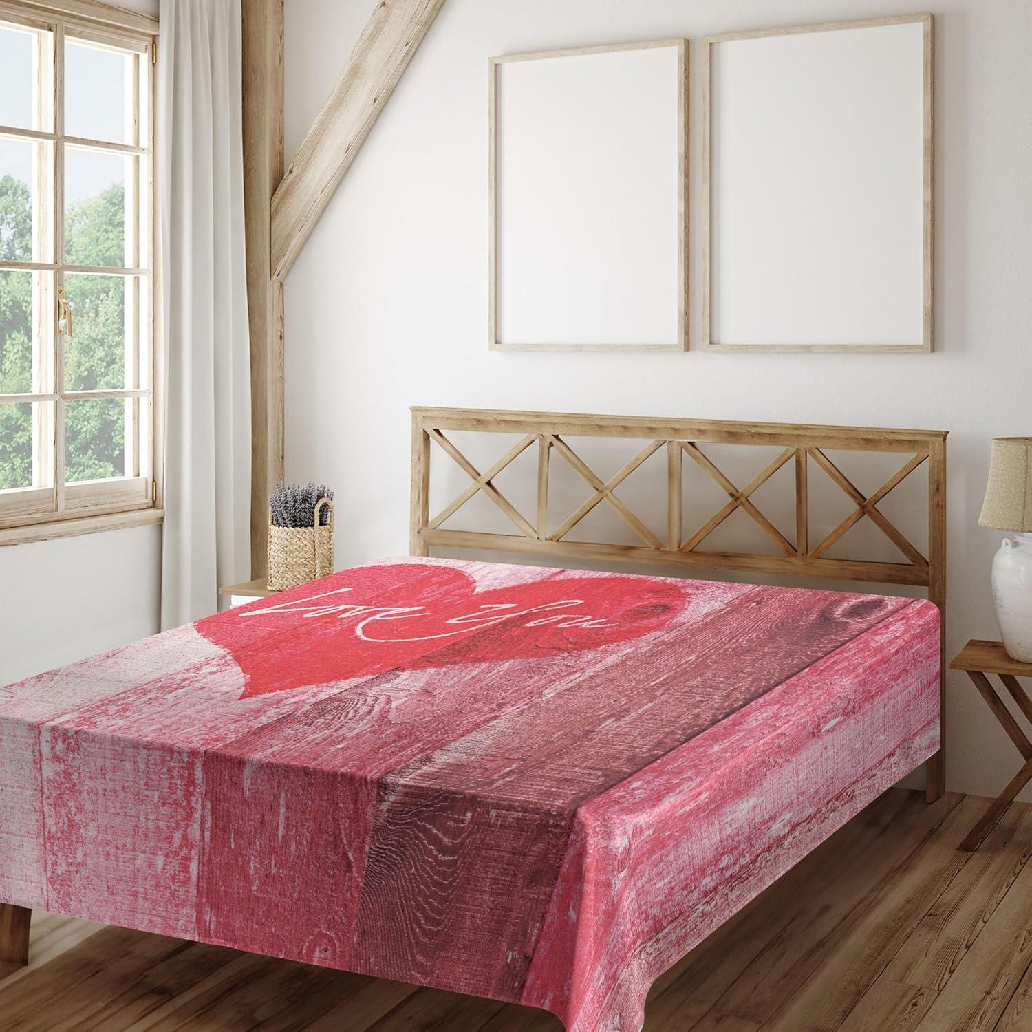 imageAmbesonne Love Flat Sheet Love You Heart on Grunge Style Rustic Wooden Background Valentines Day Retro Print Soft Comfortable Top Sheet Decorative Bedding 1 Piece California King Red PinkQueen