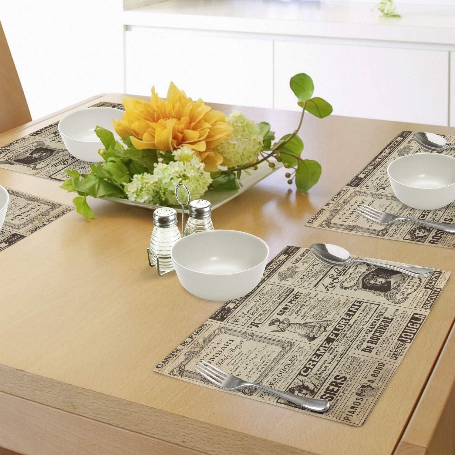 imageAmbesonne Paris Place Mats Set of 4 Vintage Old Historic Newspaper Journal French Paper Lettering Art Design Washable Fabric Placemats for Dining Table Standard Size Brown Caramel