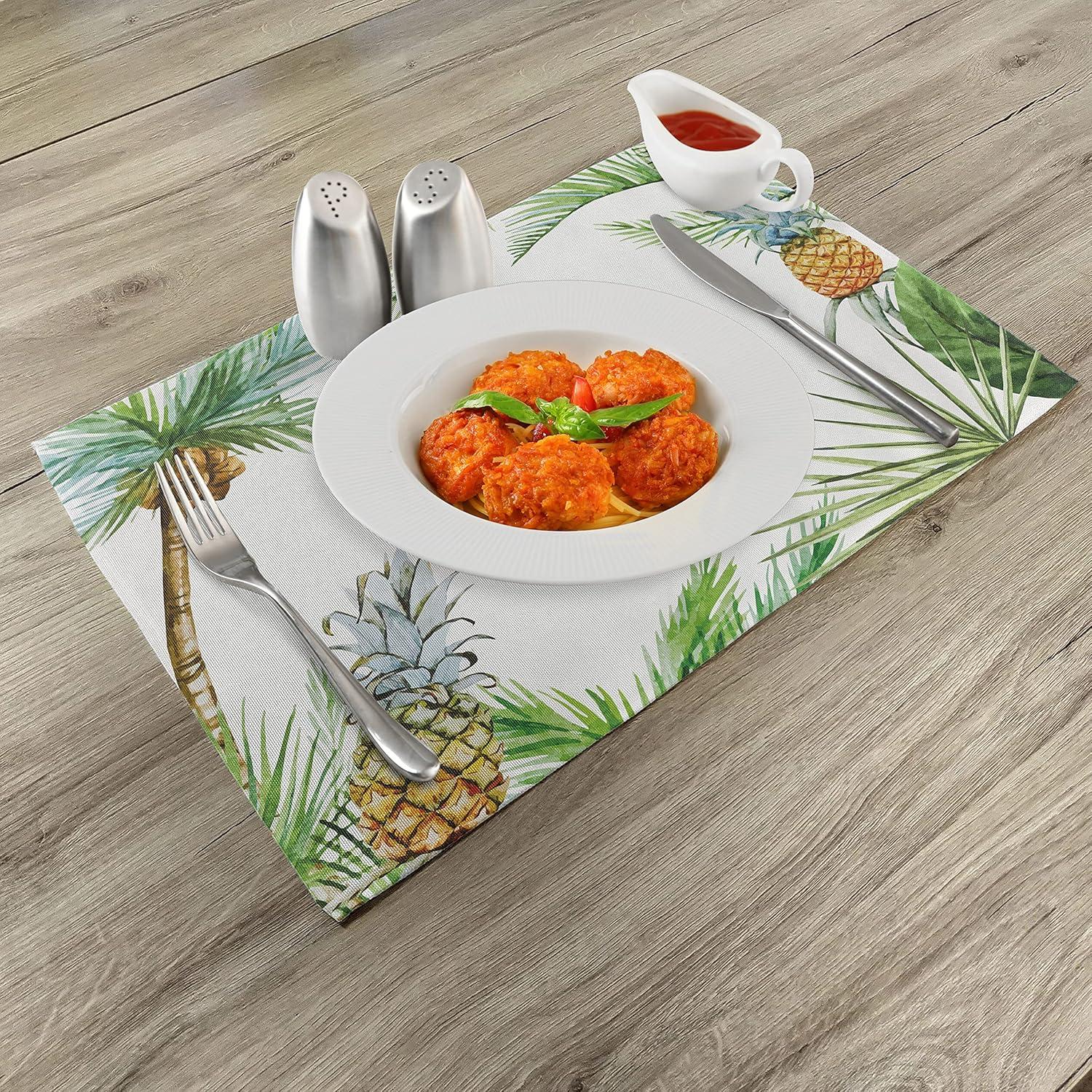 imageAmbesonne Pineapple Place Mats Set of 8 Watercolor Tropical Island Style Border Print Exotic Fruit Palm Trees and Leaves Washable Fabric Placemats for Dining Table Placemat 8 pcs Fern Green White