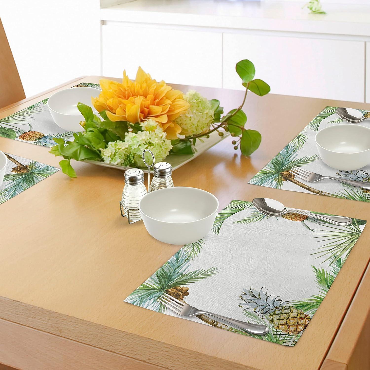 imageAmbesonne Pineapple Place Mats Set of 8 Watercolor Tropical Island Style Border Print Exotic Fruit Palm Trees and Leaves Washable Fabric Placemats for Dining Table Placemat 8 pcs Fern Green White
