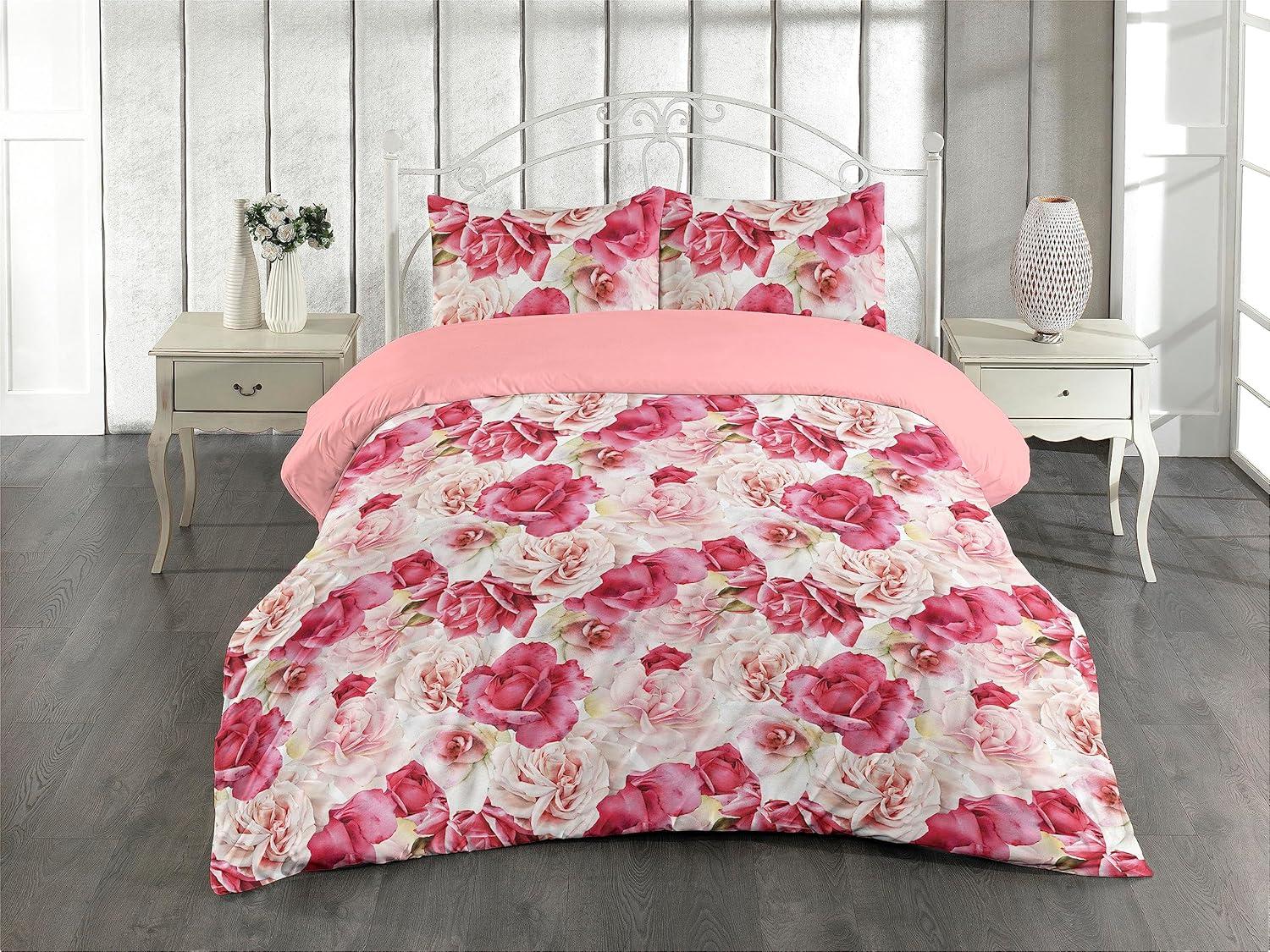 imageAmbesonne Pink Roses Duvet Cover Set Romantic Spring Garden Blooming Flowers Nature Art Valentine Blossom Reversible 2 Piece Bedding Set with Pillow Sham Twin Magenta Blush KhakiMagenta Blush Khaki