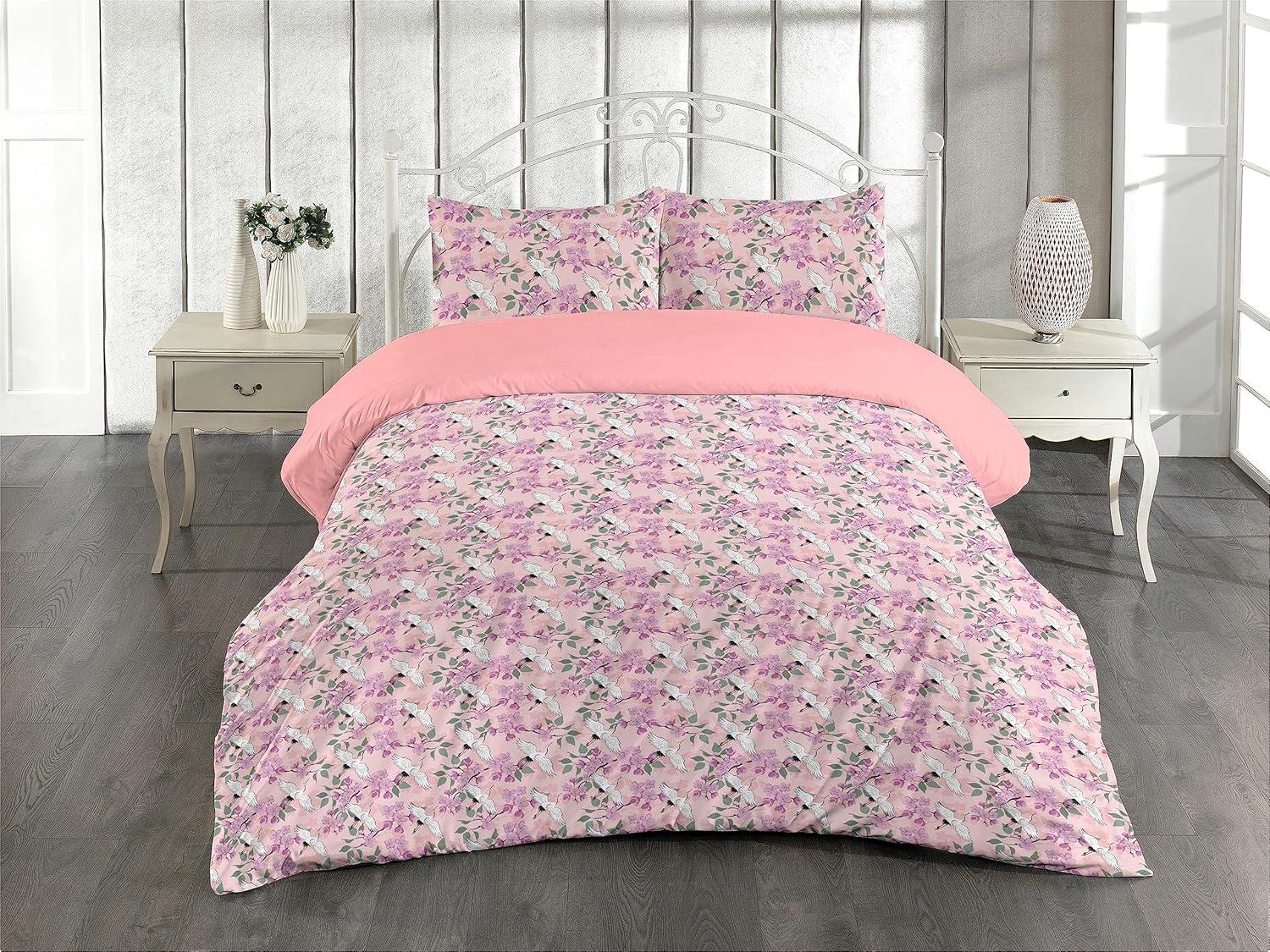 imageAmbesonne Romantic Duvet Cover Set Valentines Day Kiss Love Me and You Lettering with Blooming Flowers Reversible 2 Piece Bedding Set with Pillow Sham Twin Pastel Pink Grey EggshellPale Purple Rose Green