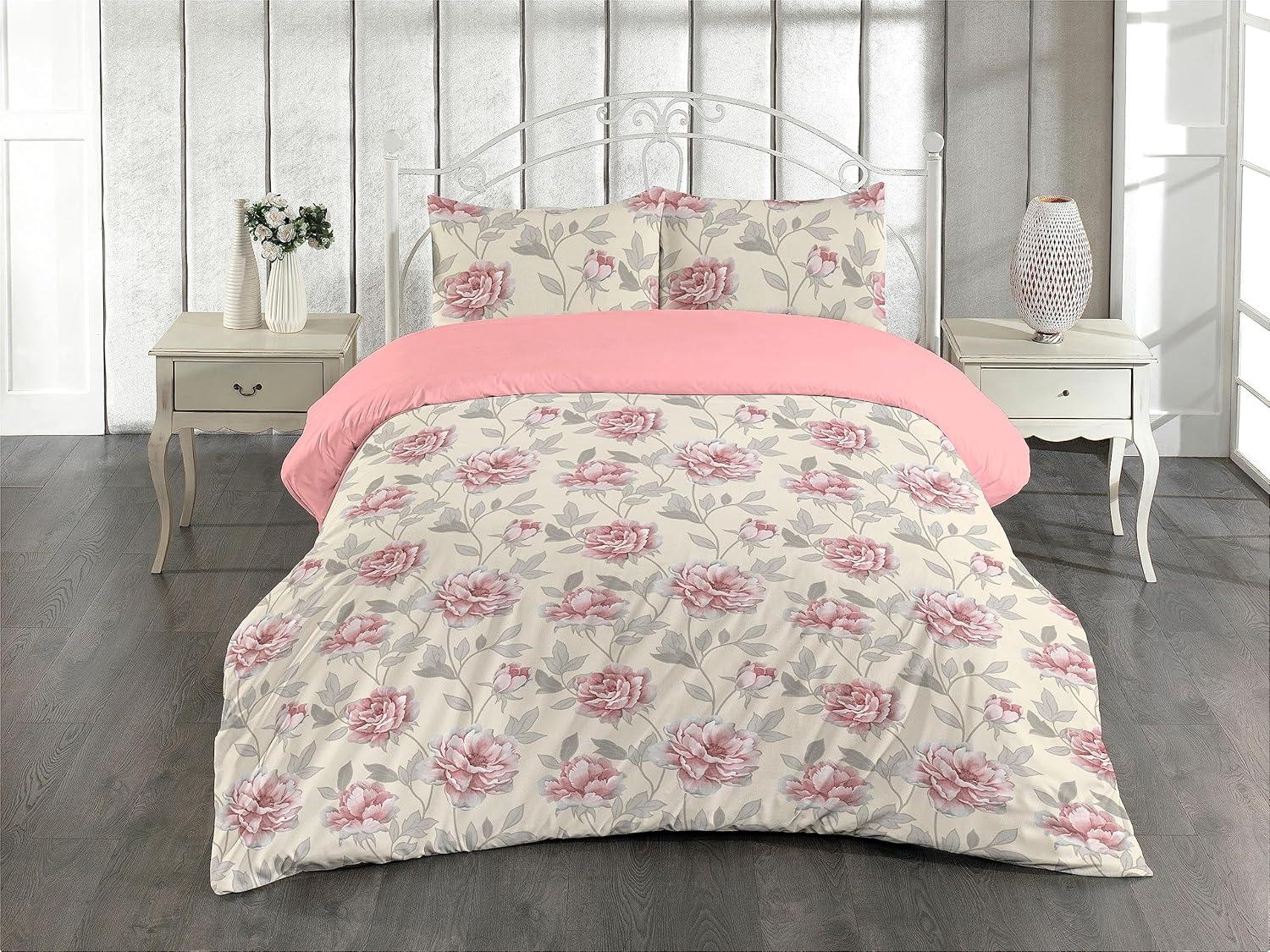 imageAmbesonne Romantic Duvet Cover Set Valentines Day Kiss Love Me and You Lettering with Blooming Flowers Reversible 2 Piece Bedding Set with Pillow Sham Twin Pastel Pink Grey EggshellCream Pale Pink Blush