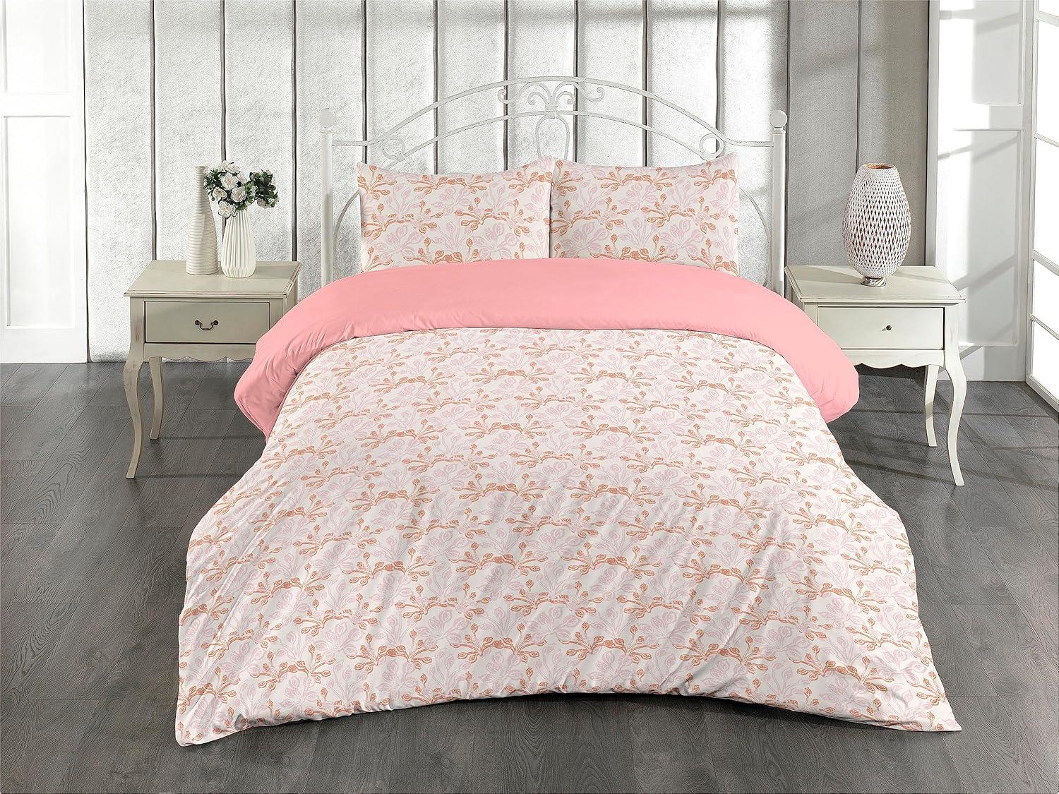 imageAmbesonne Romantic Duvet Cover Set Valentines Day Kiss Love Me and You Lettering with Blooming Flowers Reversible 2 Piece Bedding Set with Pillow Sham Twin Pastel Pink Grey EggshellSalmon Rose and Off White