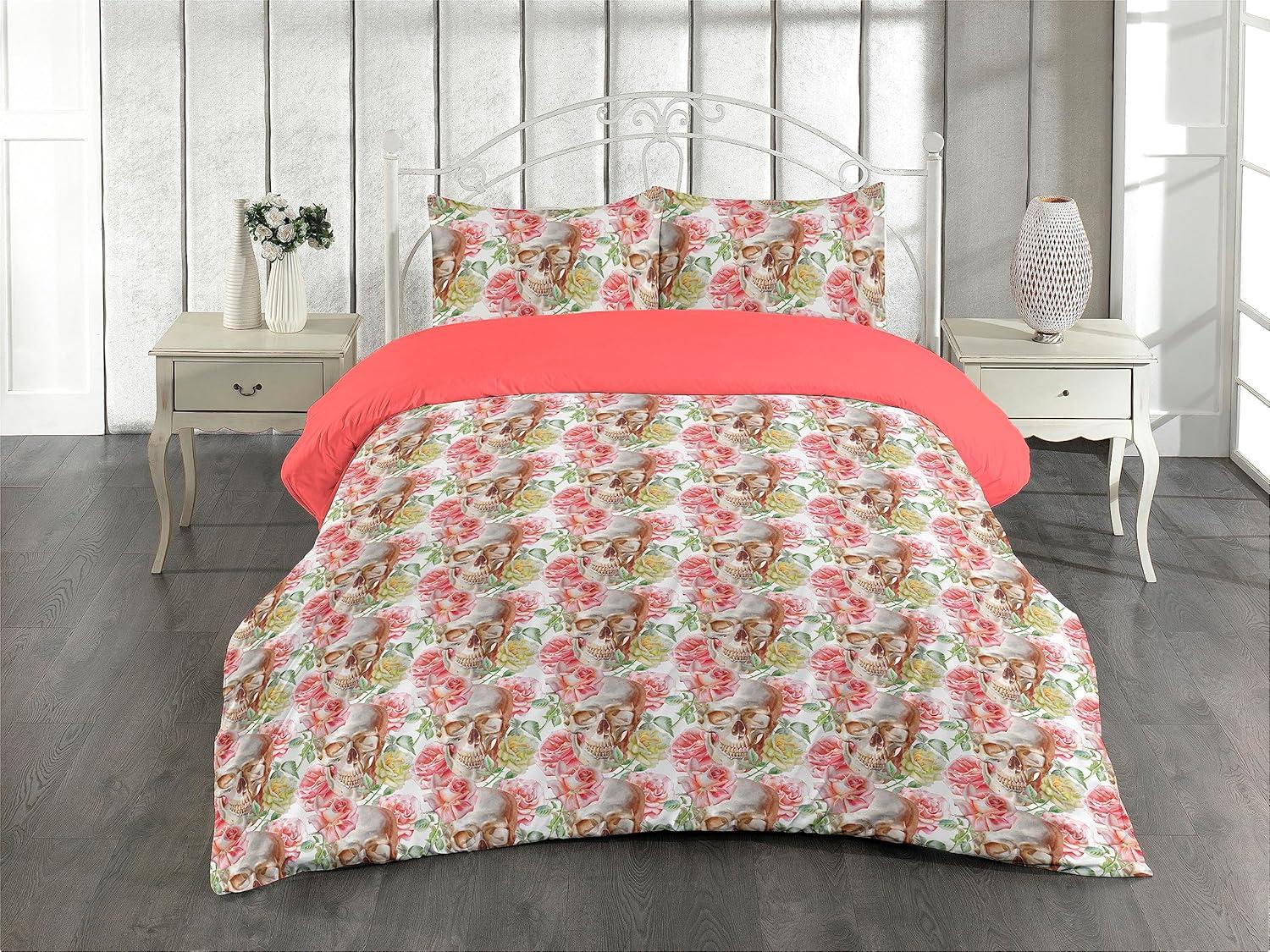 imageAmbesonne Romantic Duvet Cover Set Valentines Day Kiss Love Me and You Lettering with Blooming Flowers Reversible 2 Piece Bedding Set with Pillow Sham Twin Pastel Pink Grey EggshellGrey Yellow Ecru and Coral