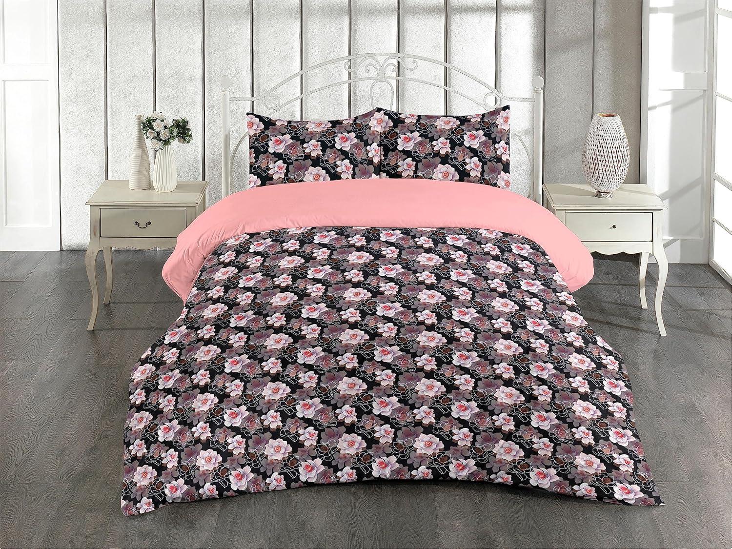 imageAmbesonne Romantic Duvet Cover Set Valentines Day Kiss Love Me and You Lettering with Blooming Flowers Reversible 2 Piece Bedding Set with Pillow Sham Twin Pastel Pink Grey EggshellBlack Pale Rose and Coral