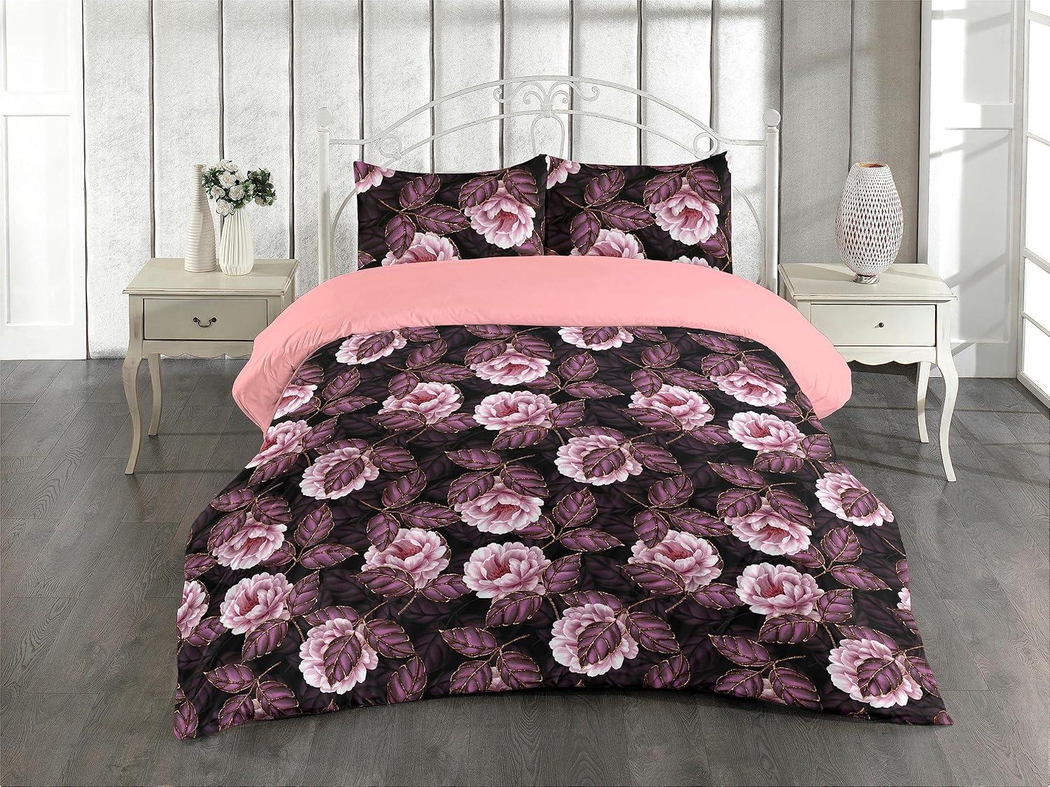 imageAmbesonne Romantic Duvet Cover Set Valentines Day Kiss Love Me and You Lettering with Blooming Flowers Reversible 2 Piece Bedding Set with Pillow Sham Twin Pastel Pink Grey EggshellDark Purple Blush and Plum