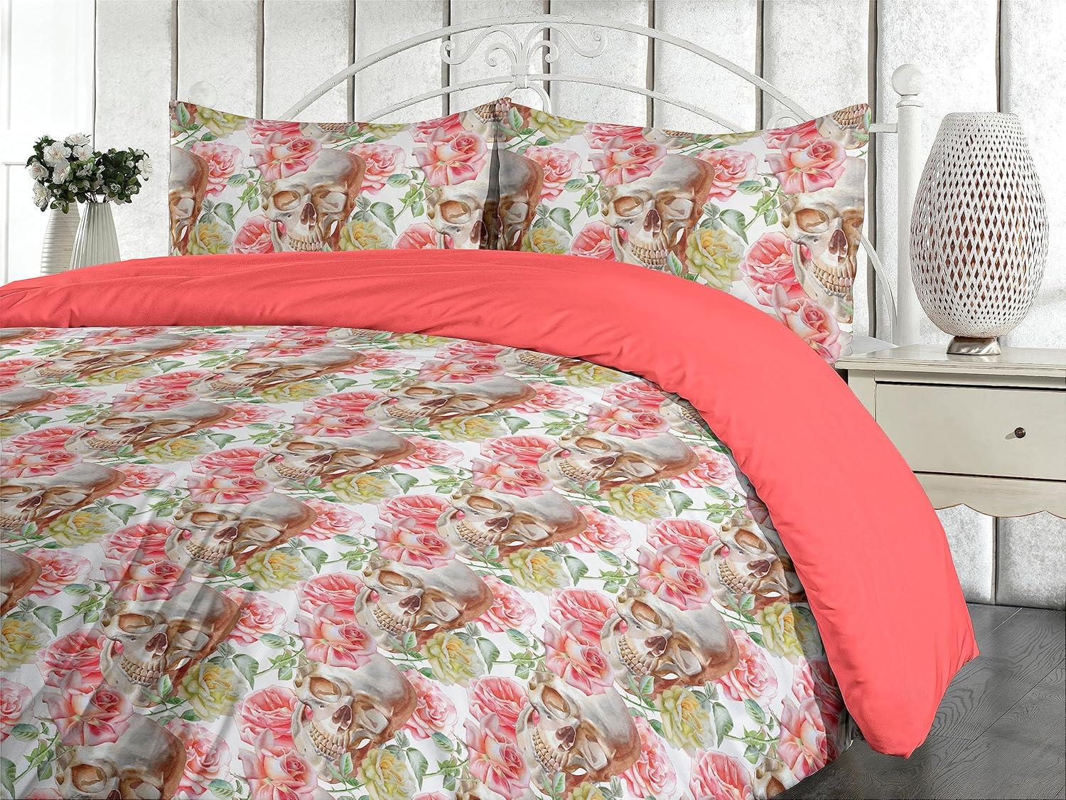 imageAmbesonne Romantic Duvet Cover Set Valentines Day Kiss Love Me and You Lettering with Blooming Flowers Reversible 2 Piece Bedding Set with Pillow Sham Twin Pastel Pink Grey EggshellGrey Yellow Ecru and Coral