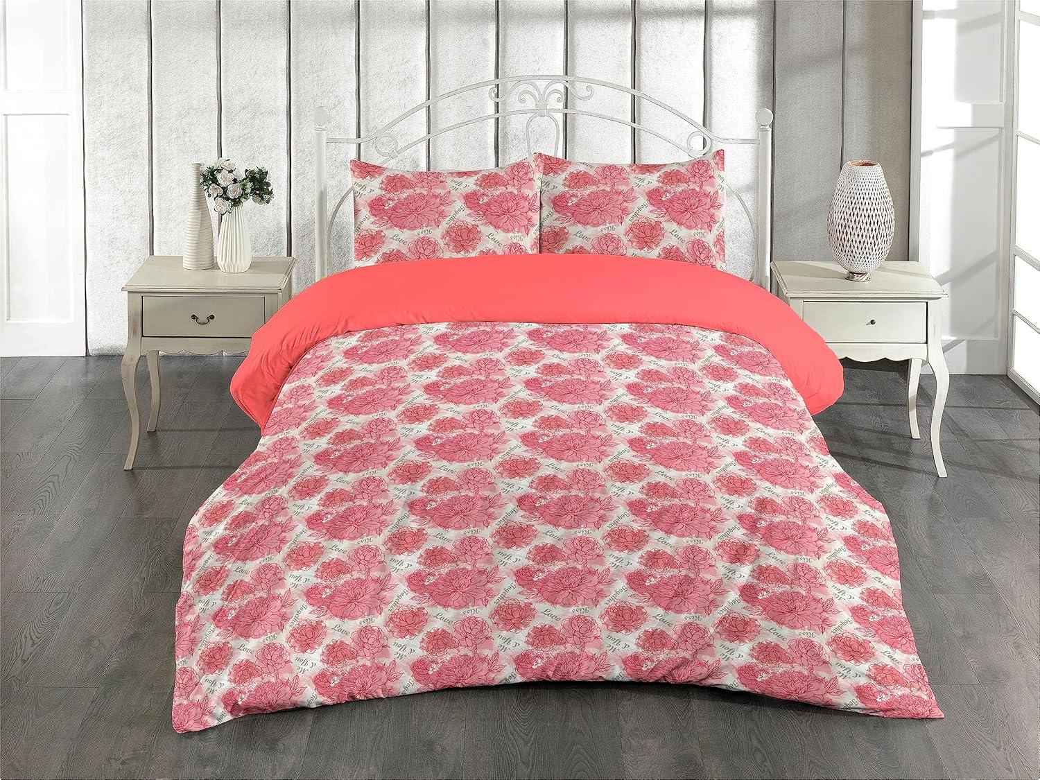 imageAmbesonne Romantic Duvet Cover Set Valentines Day Kiss Love Me and You Lettering with Blooming Flowers Reversible 2 Piece Bedding Set with Pillow Sham Twin Pastel Pink Grey EggshellPastel Pink Grey Eggshell