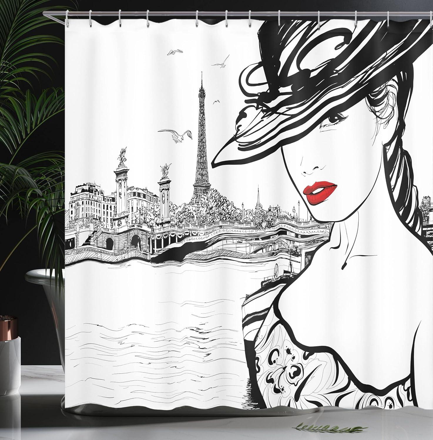 imageAmbesonne Romantic Shower Curtain Couple in Love Walking in The City Streets in Rainy Day Romance Dramatic Urban Scene Cloth Fabric Bathroom Decor Set with Hooks 69 W x 84 L Sepia RedWhite and Black