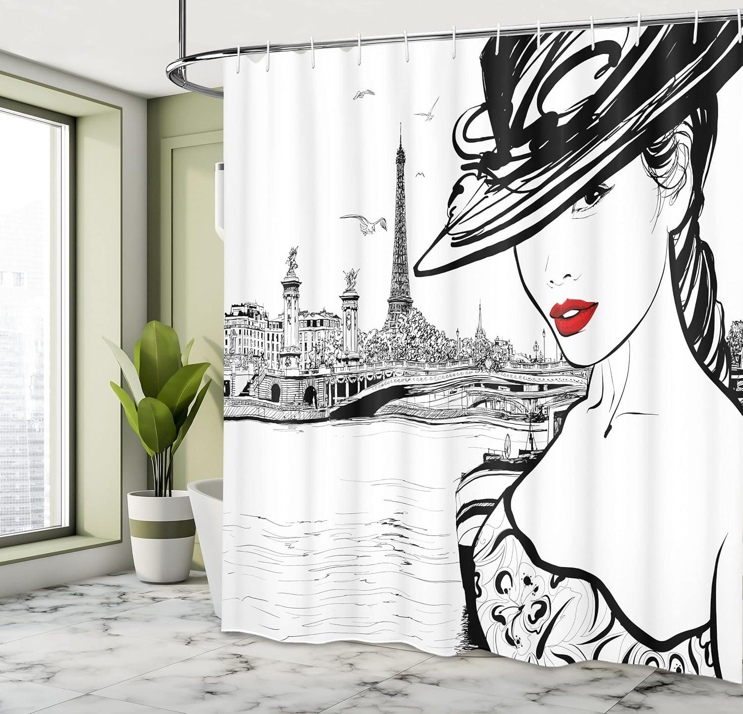 imageAmbesonne Romantic Shower Curtain Couple in Love Walking in The City Streets in Rainy Day Romance Dramatic Urban Scene Cloth Fabric Bathroom Decor Set with Hooks 69 W x 84 L Sepia RedWhite and Black