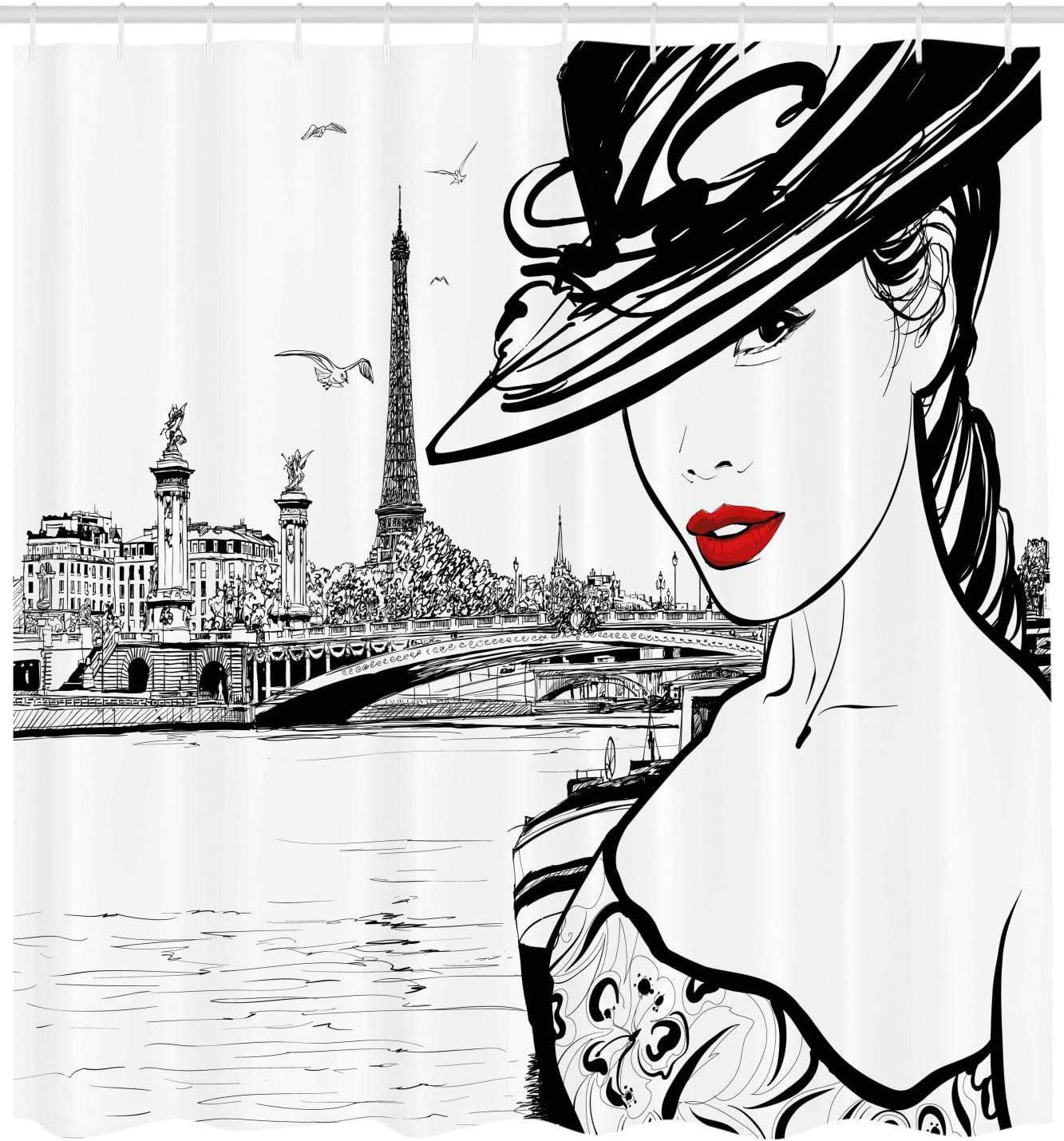 imageAmbesonne Romantic Shower Curtain Couple in Love Walking in The City Streets in Rainy Day Romance Dramatic Urban Scene Cloth Fabric Bathroom Decor Set with Hooks 69 W x 84 L Sepia RedWhite and Black