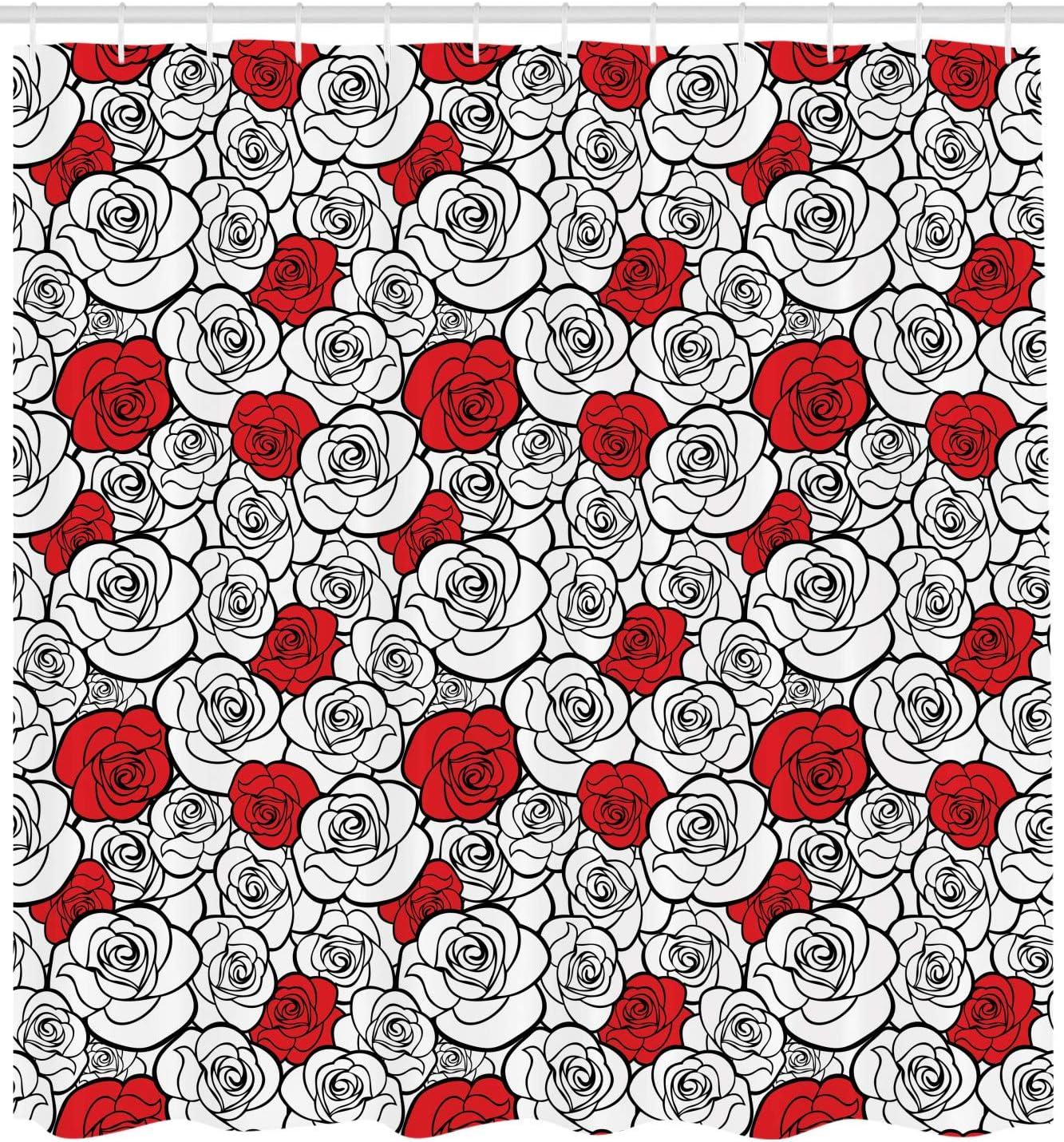 imageAmbesonne Romantic Shower Curtain Roses Simplicity Love Blossoms Valentines Day Print Cloth Fabric Bathroom Decor Set with Hooks 69 W x 84 L Vermilion Black White