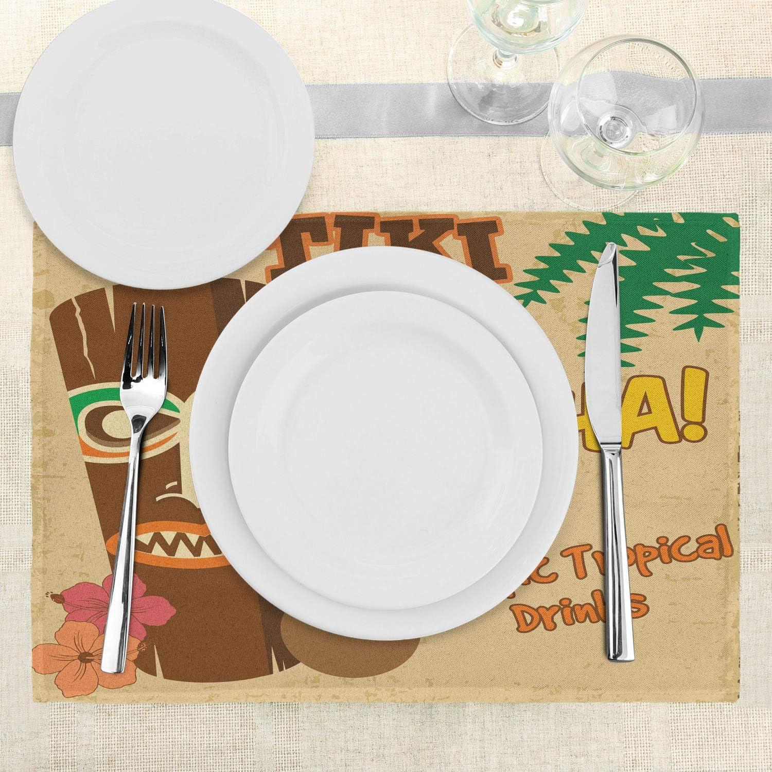 imageAmbesonne Tiki Bar Place Mats Set of 4 Polynesian Tropical Drink Retro Typography and Flora Old Aged Design Washable Fabric Placemats for Dining Table Standard Size Beige Brown