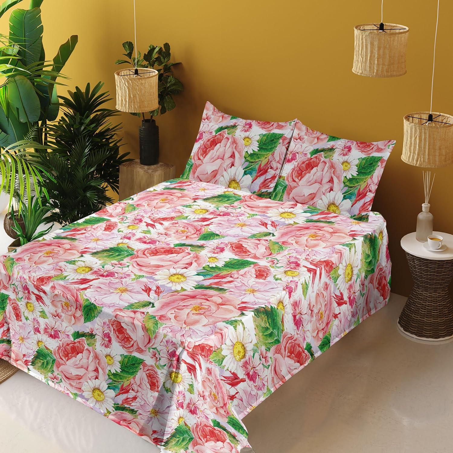 imageAmbesonne Valentine Sheet Set PastelColored Rose Flowers Leaves with Brush Strokes Abstract Art Fitted and Flat Sheet with Pillowcases Bedding Accent 4 Piece Set Queen Mauve Taupe Sage GreenPastel Pink Green Yellow
