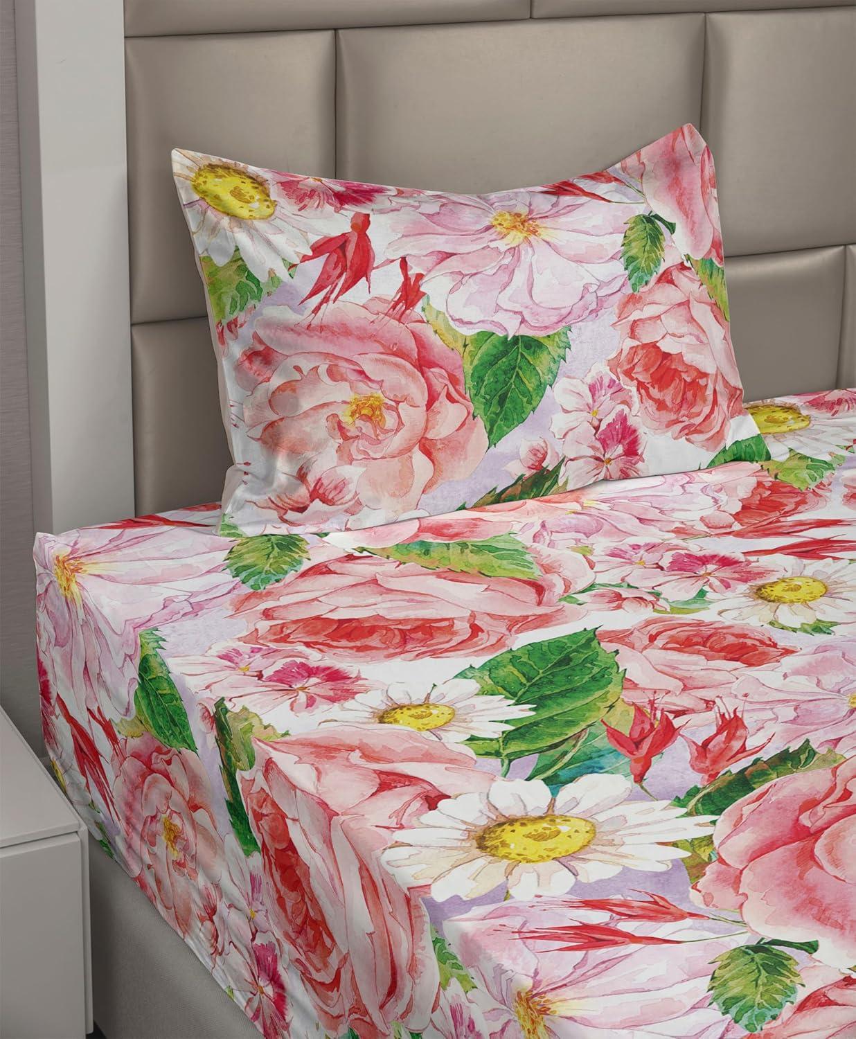 imageAmbesonne Valentine Sheet Set PastelColored Rose Flowers Leaves with Brush Strokes Abstract Art Fitted and Flat Sheet with Pillowcases Bedding Accent 4 Piece Set Queen Mauve Taupe Sage GreenPastel Pink Green Yellow