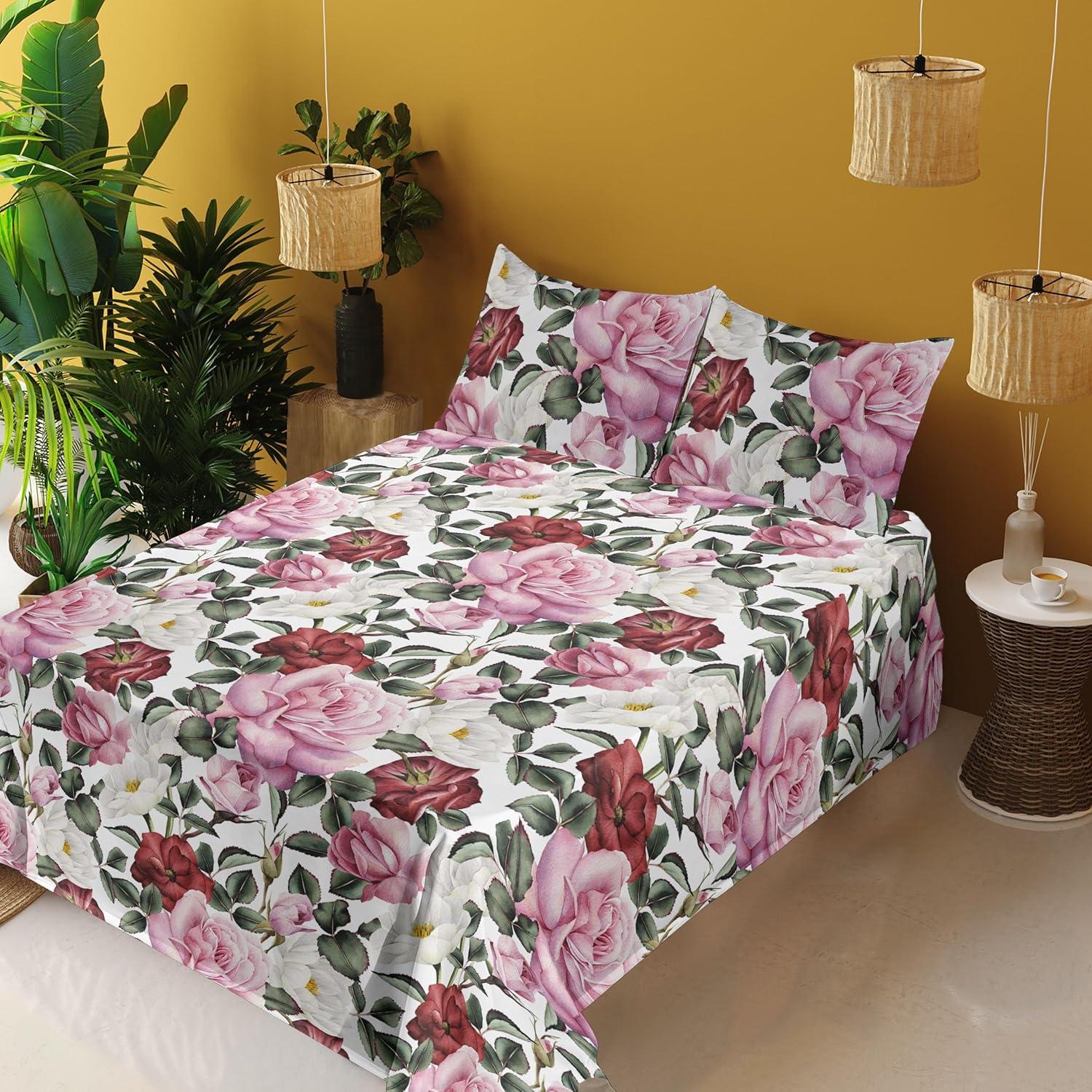 imageAmbesonne Valentine Sheet Set PastelColored Rose Flowers Leaves with Brush Strokes Abstract Art Fitted and Flat Sheet with Pillowcases Bedding Accent 4 Piece Set Queen Mauve Taupe Sage GreenPale Pink Peacock Green