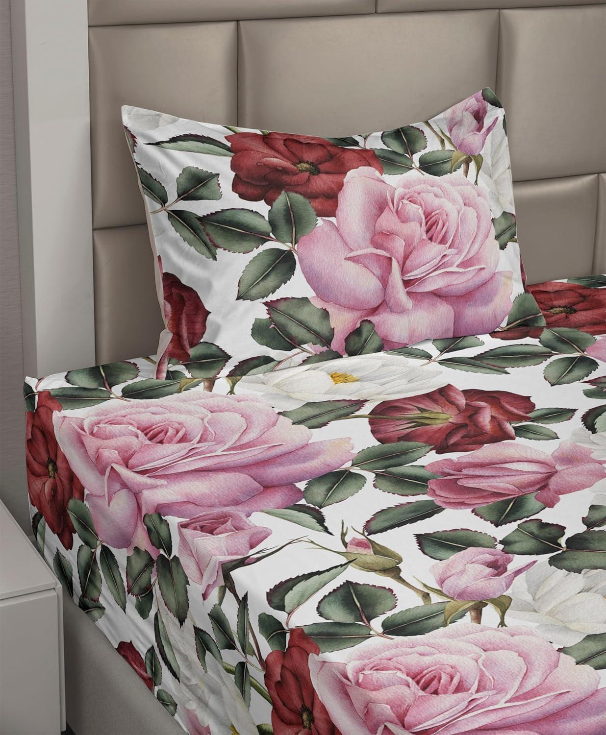 imageAmbesonne Valentine Sheet Set PastelColored Rose Flowers Leaves with Brush Strokes Abstract Art Fitted and Flat Sheet with Pillowcases Bedding Accent 4 Piece Set Queen Mauve Taupe Sage GreenPale Pink Peacock Green