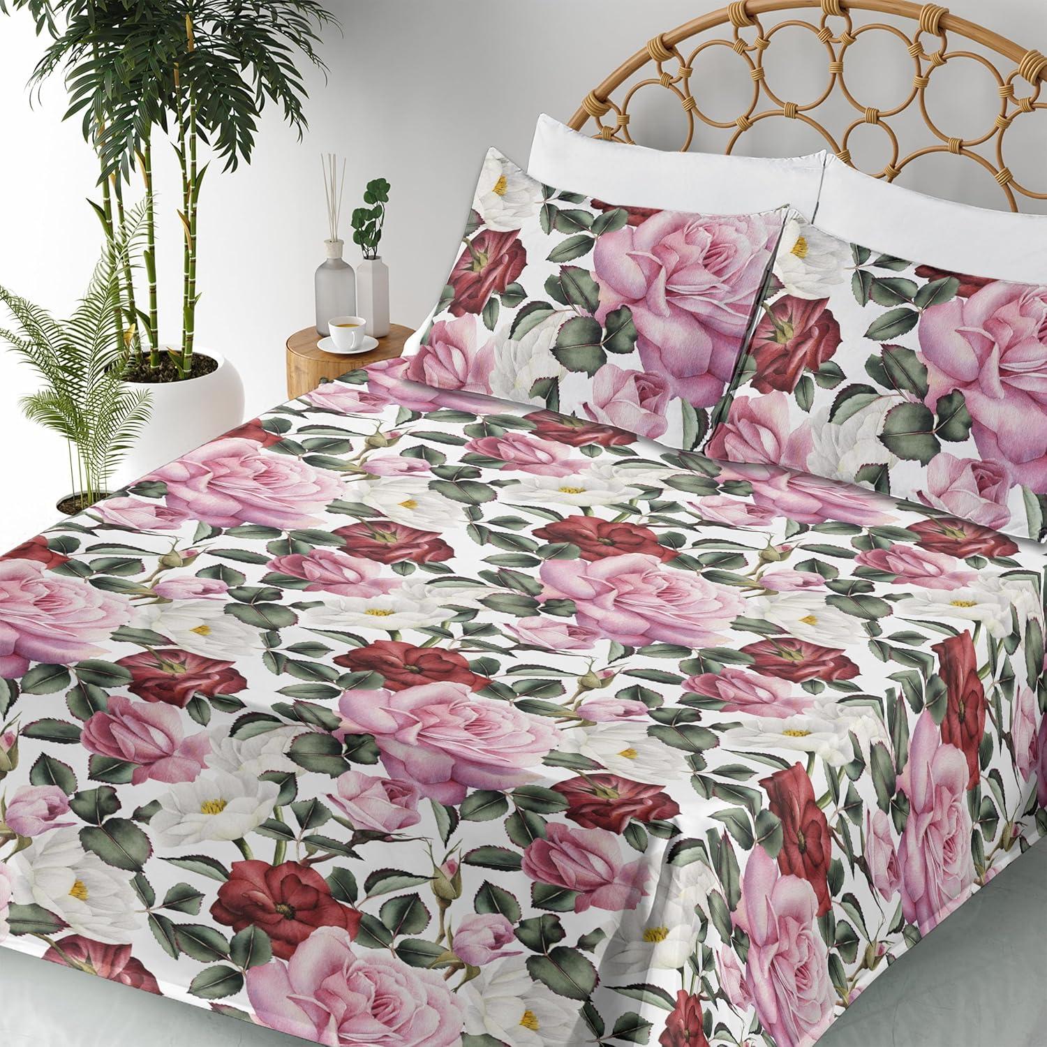 imageAmbesonne Valentine Sheet Set PastelColored Rose Flowers Leaves with Brush Strokes Abstract Art Fitted and Flat Sheet with Pillowcases Bedding Accent 4 Piece Set Queen Mauve Taupe Sage GreenPale Pink Peacock Green