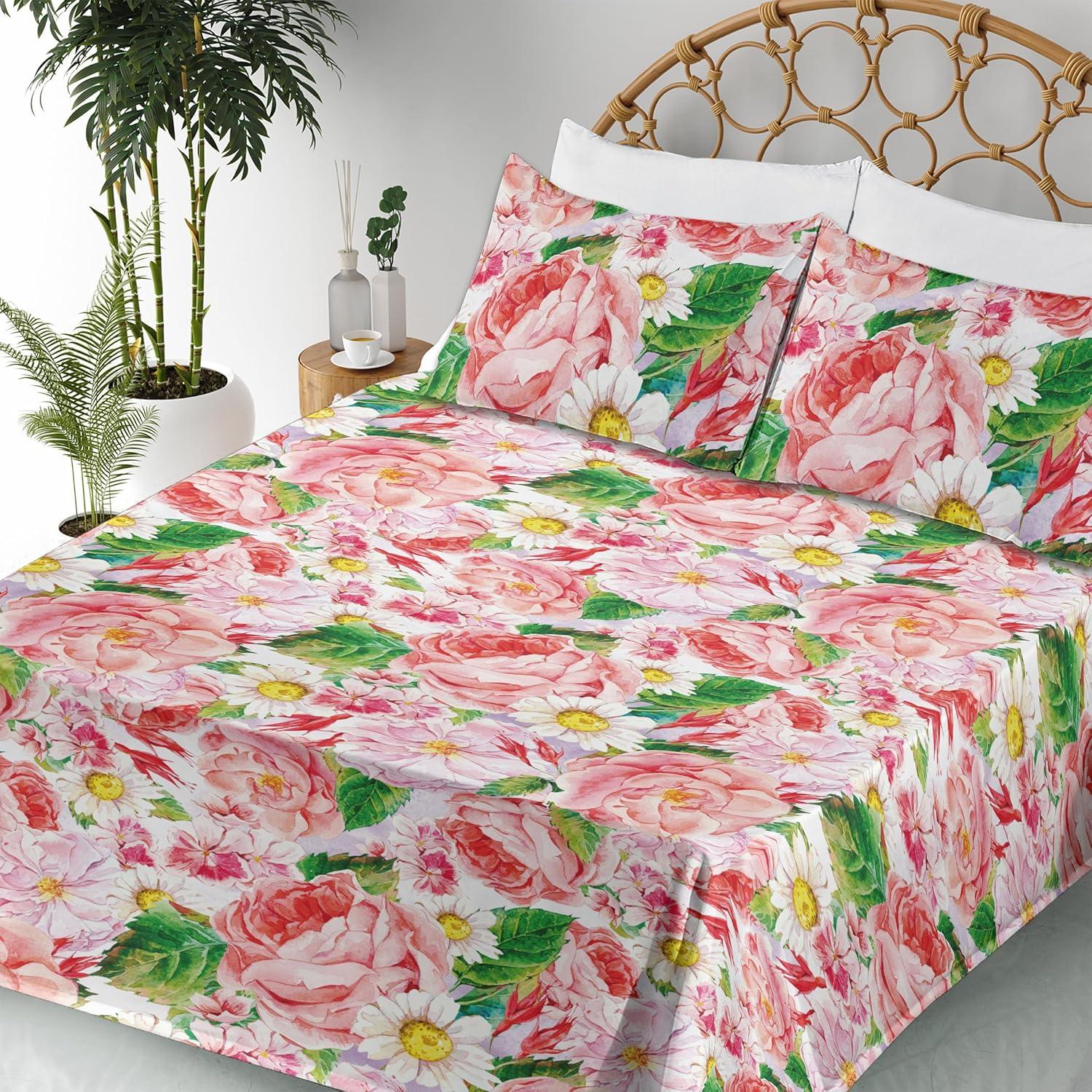 imageAmbesonne Valentine Sheet Set PastelColored Rose Flowers Leaves with Brush Strokes Abstract Art Fitted and Flat Sheet with Pillowcases Bedding Accent 4 Piece Set Queen Mauve Taupe Sage GreenPastel Pink Green Yellow