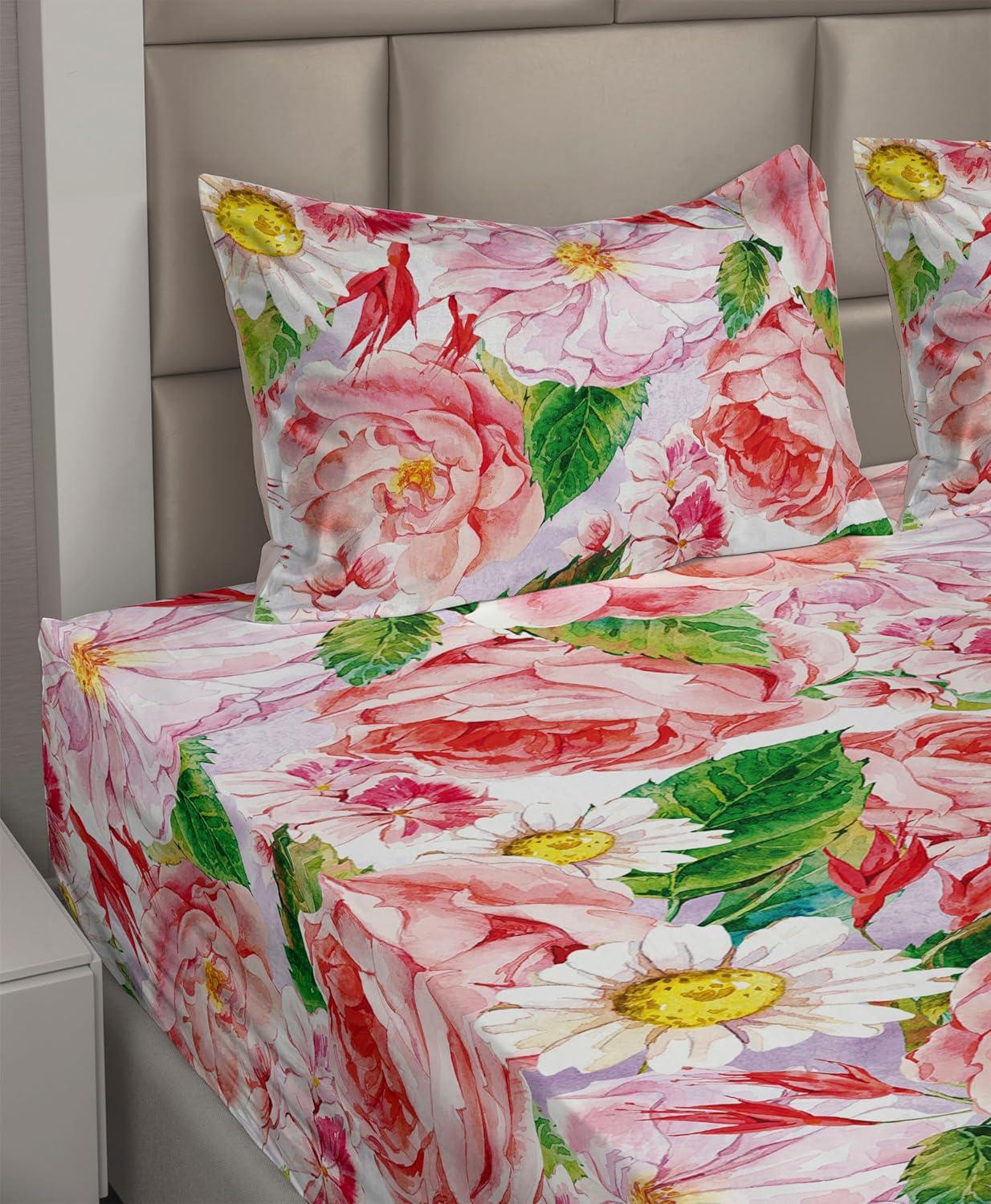 imageAmbesonne Valentine Sheet Set PastelColored Rose Flowers Leaves with Brush Strokes Abstract Art Fitted and Flat Sheet with Pillowcases Bedding Accent 4 Piece Set Queen Mauve Taupe Sage GreenPastel Pink Green Yellow