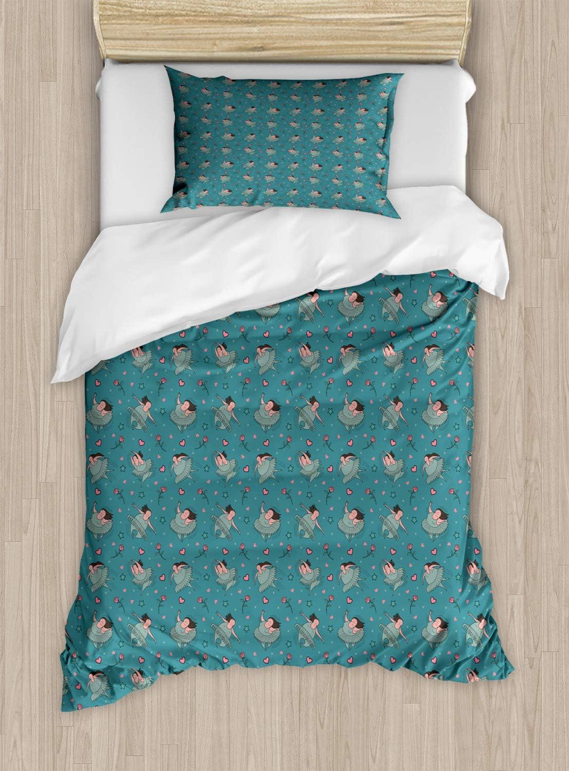 imageAmbesonne Valentines Duvet Cover Set Pastel Winged Cupid Pigs on The Clouds Holding Balloons Romantic Love Theme Decorative 3 Piece Bedding Set with 2 Pillow Shams Twin Size Pale Pink RoseCadet Blue and Multicolor