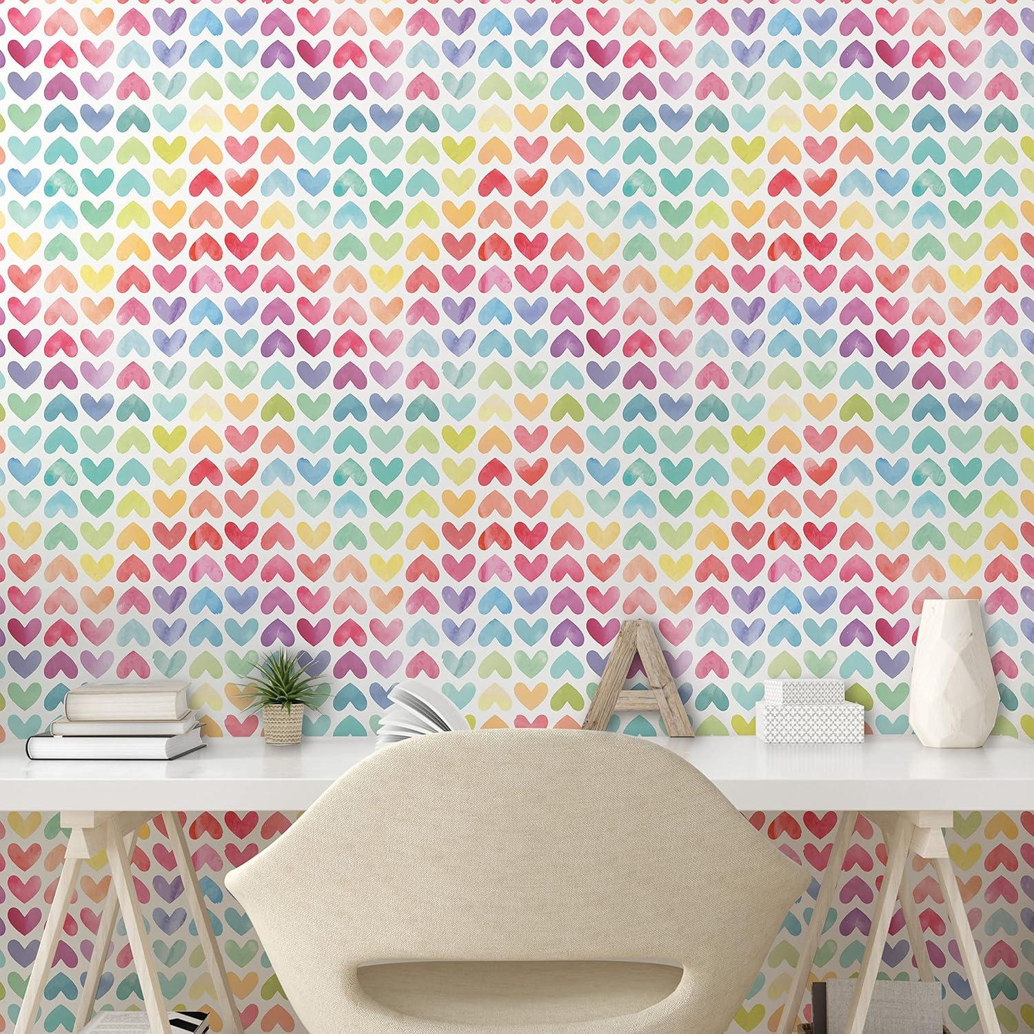 imageAmbesonne Watercolor Peel amp Stick Wallpaper for Home Valentines Day Theme Colorful Little Hearts Vibrant Paintbrush Effect SelfAdhesive Living Room Kitchen Accent 13 x 100 Multicolor