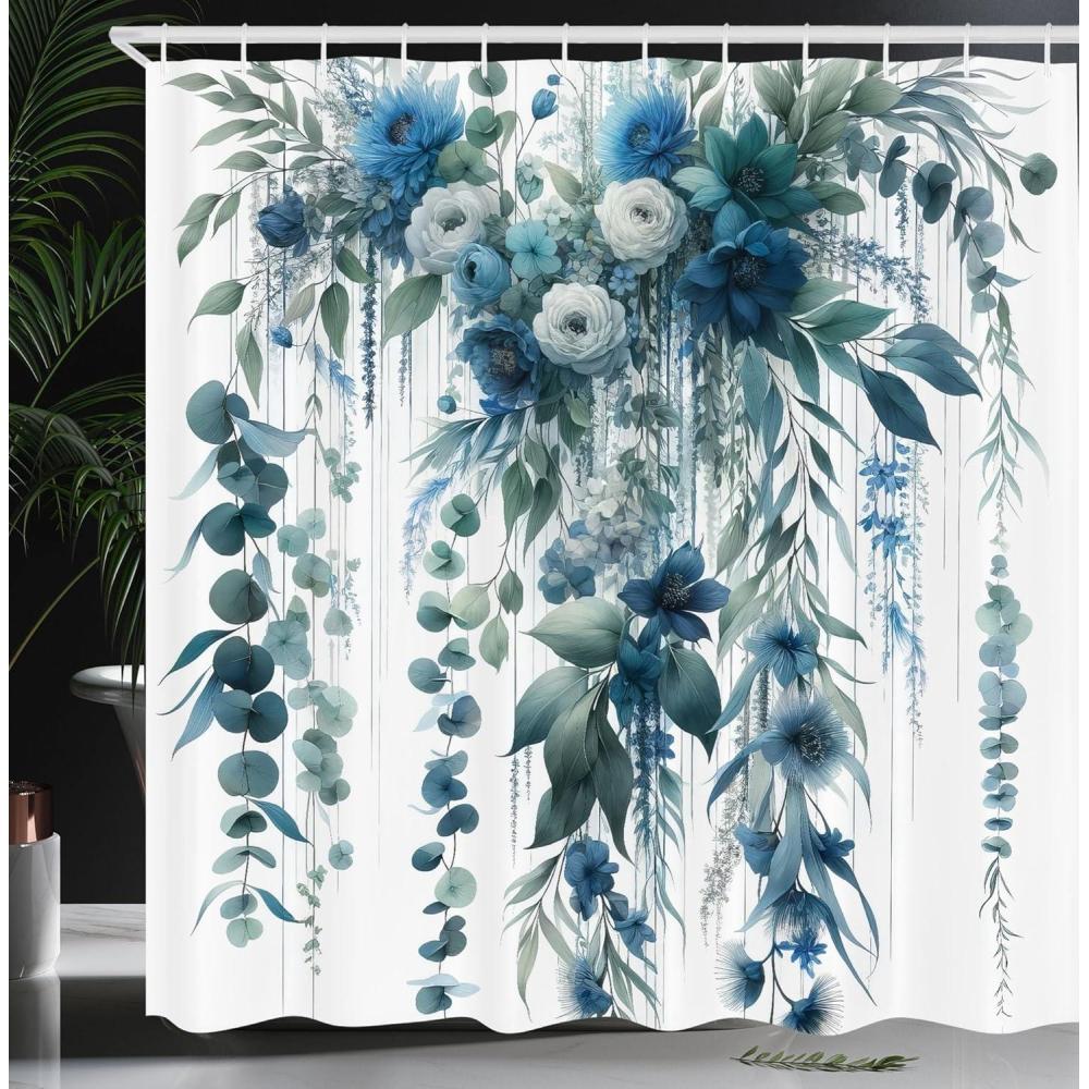 imageAmbesonne Blue Shower Curtain Floral Eucalyptus Branches Romantic Botanical Weeping Flowers in Cold Tones Cloth Fabric Bathroom Decor Set with Hooks 69 W x 75 L Laurel Green Sea BlueLaurel Green Sea Blue