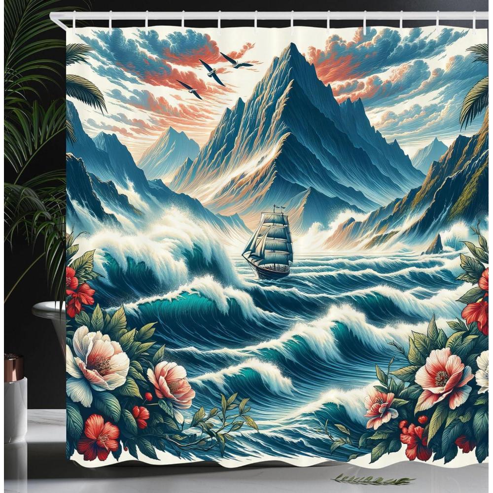 imageAmbesonne Blue Shower Curtain Floral Eucalyptus Branches Romantic Botanical Weeping Flowers in Cold Tones Cloth Fabric Bathroom Decor Set with Hooks 69 W x 75 L Laurel Green Sea BlueSea Blue and Dark Coral