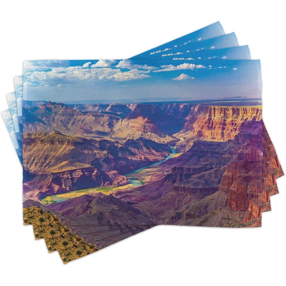 imageAmbesonne Canyon Place Mats Set of 4 Aerial View of Epic Grand Canyon Activity of River Stream Over Rock Plateau Print Washable Fabric Placemats for Dining Table Standard Size Blue Tan