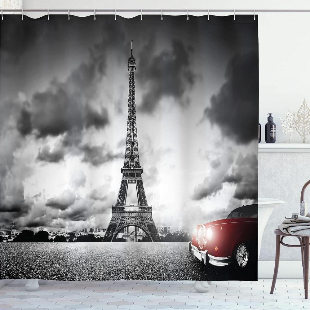imageAmbesonne Cars Shower Curtain Romantic Landscape Famous Eiffel Tower on a Cloudy Day and Vibrant Red Vehicle Print Cloth Fabric Bathroom Decor Set with Hooks 69 W x 70 L Red Grey
